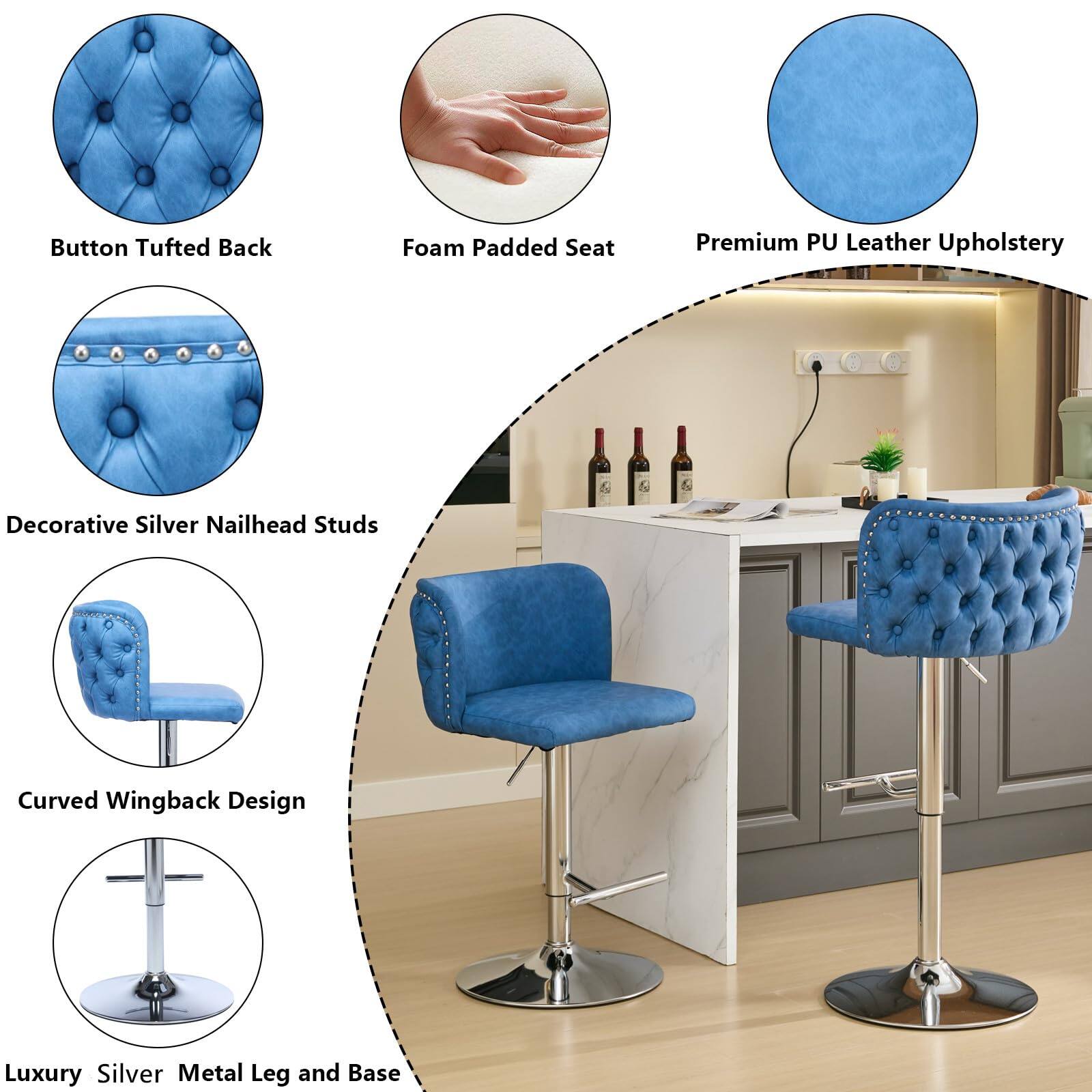 - Button Tufted Back
- Foam Padded Seat
- Premium PU Leather Upholstery
- Decorative Silver Nailhead Studs
- Curved Wingback Design
- Luxury Silver Metal Leg and Base