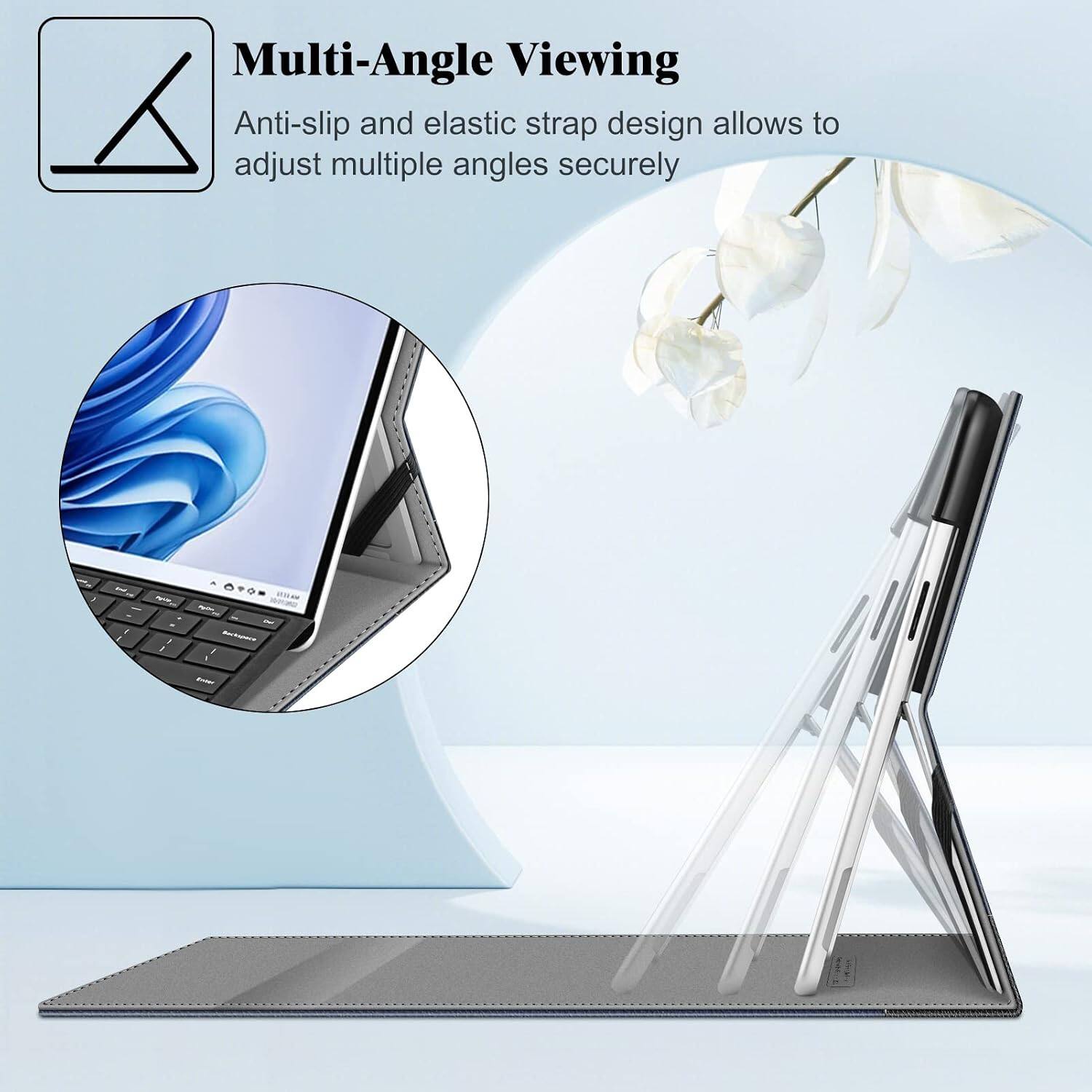 Multi-Angle Viewing  
Anti-slip and elastic strap design allows to adjust multiple angles securely