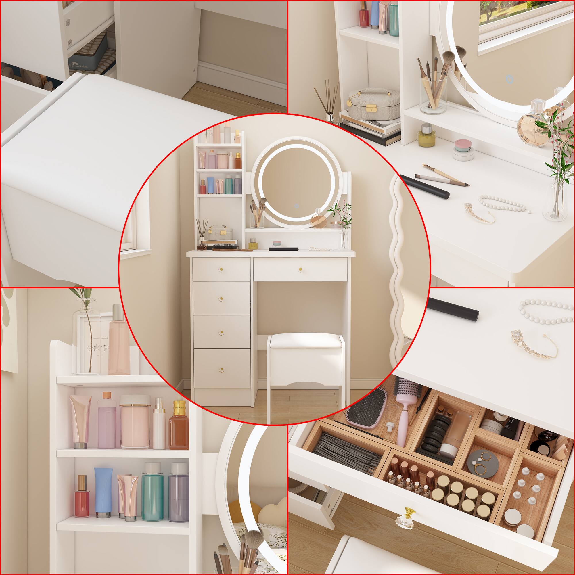 Alt View 6. Famapy - Vanity Desk with 3-Color LED Mirror & Upholstered Stool, Makeup Table with Drawers & Shelves for Bedroom - White.