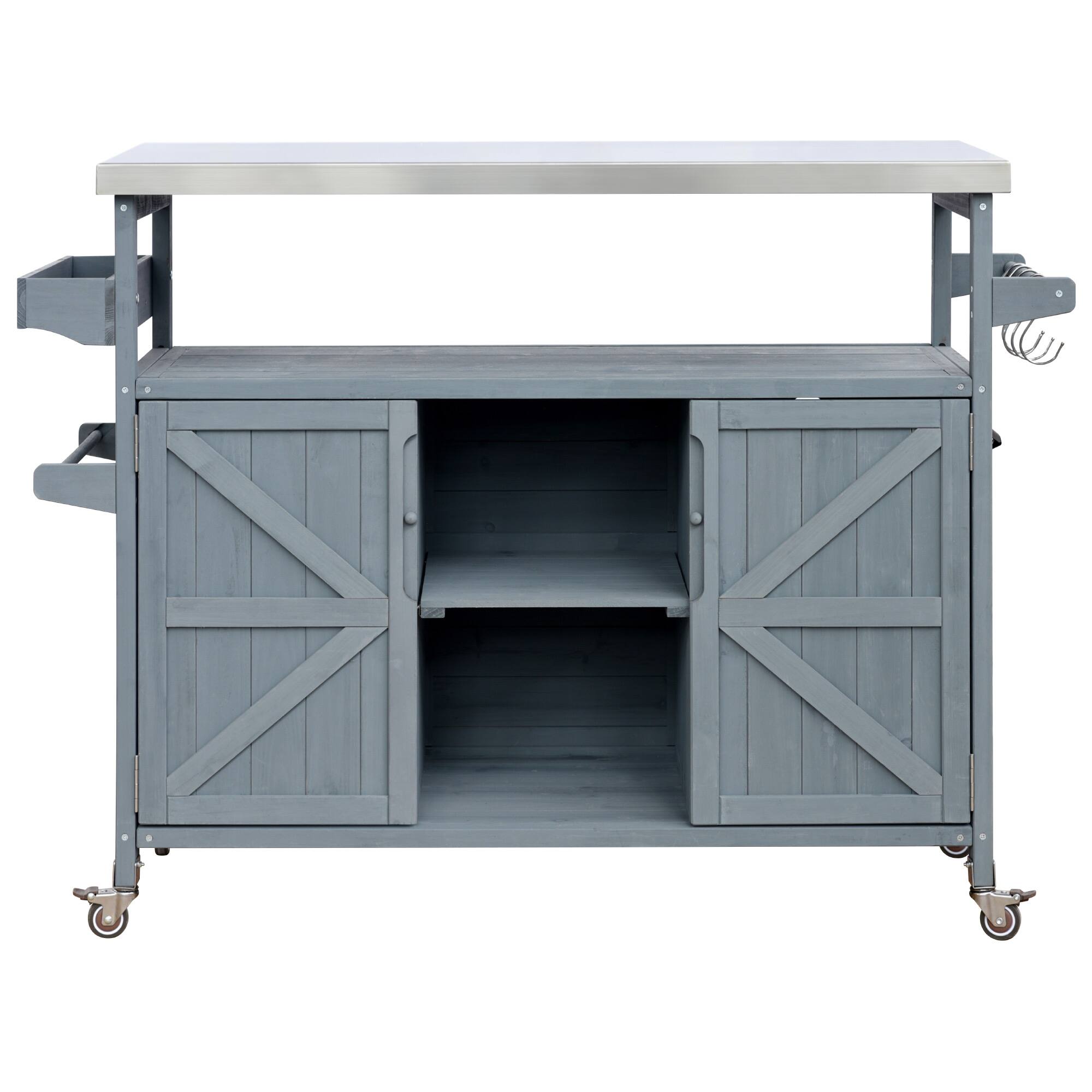 Angle. PexFix - Solid Wood Outdoor Kitchen Island with Stainless Top, Rolling BBQ Grill Cart with Storage, Spice & Towel Rack for Patio - Gray Blue.