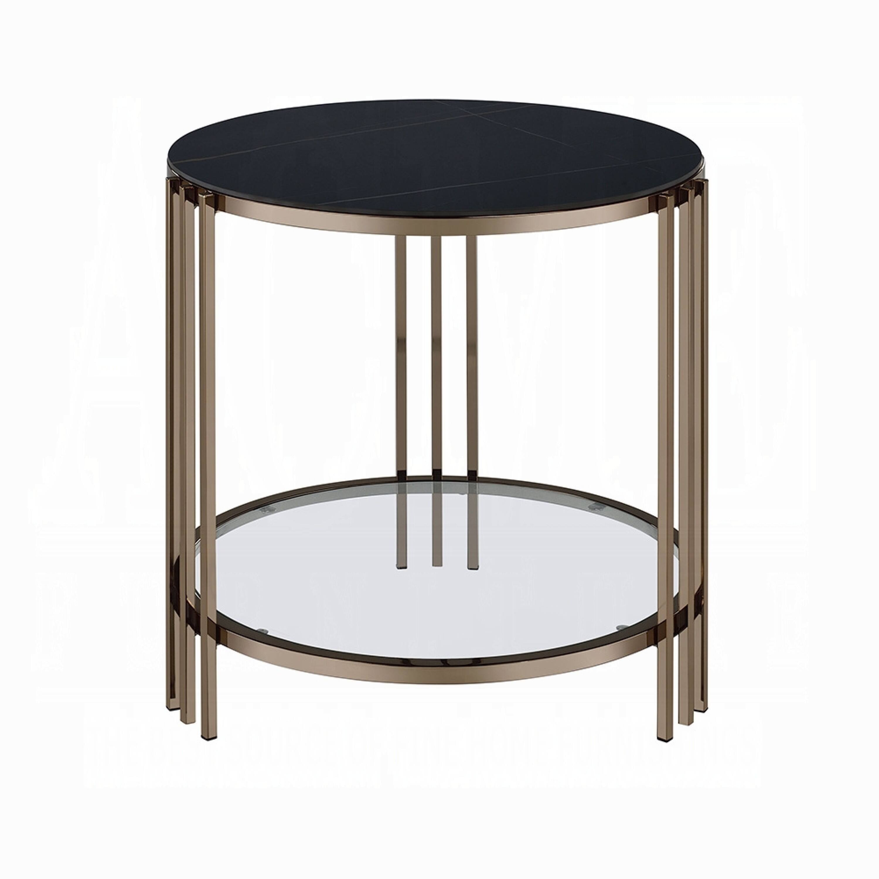 Front. Manhattan Lane - Abio Side End Table, 23 Inch, Round Sintered Stone Top - Black, Champagne, Clear.