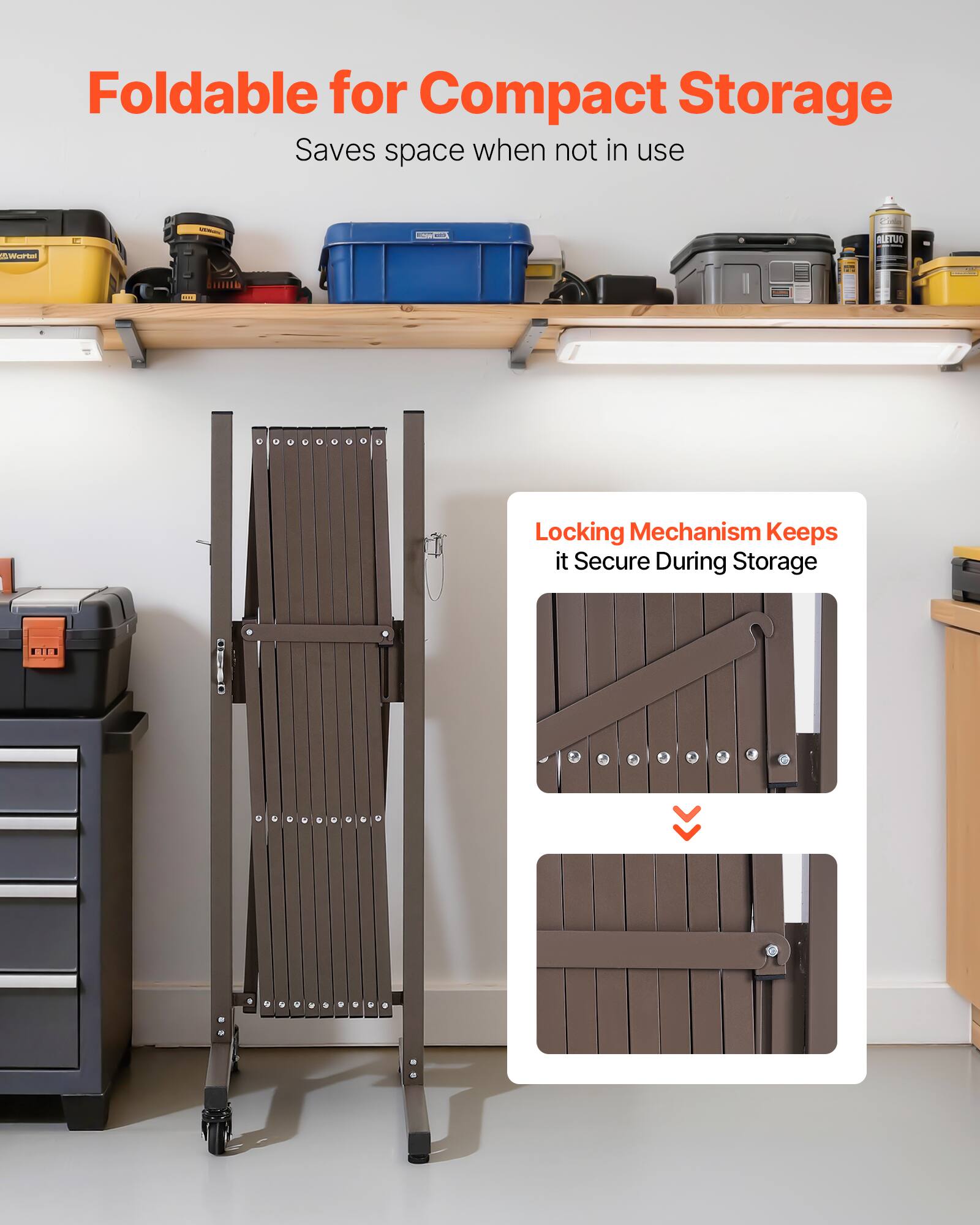 Foldable for Compact Storage  
Saves space when not in use  

Locking Mechanism Keeps it Secure During Storage