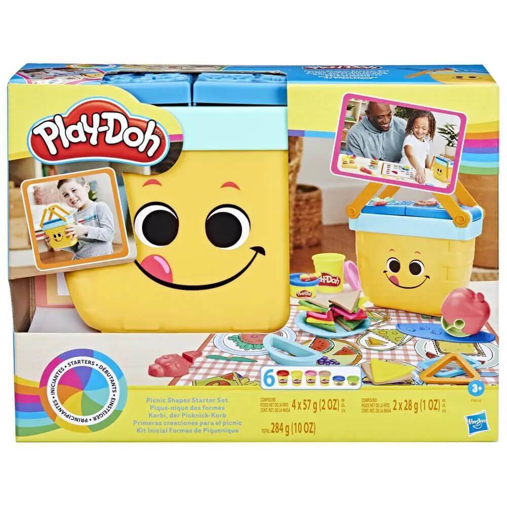 Play-Doh Picnic Shapes Starter Set  
Iniciants Debutants  
Picnic Shapes Starter Set  
Pique-nique des formes  
Korbi, creaciones para el picnic  
Primeras creaciones para el picnic  
Kit Inicial Formas de Piquenique  

6 Compound Pods  
4 x 57 g (2 oz)  
2 x 28 g (1 oz)  
Total: 284 g (10 oz)  

3+