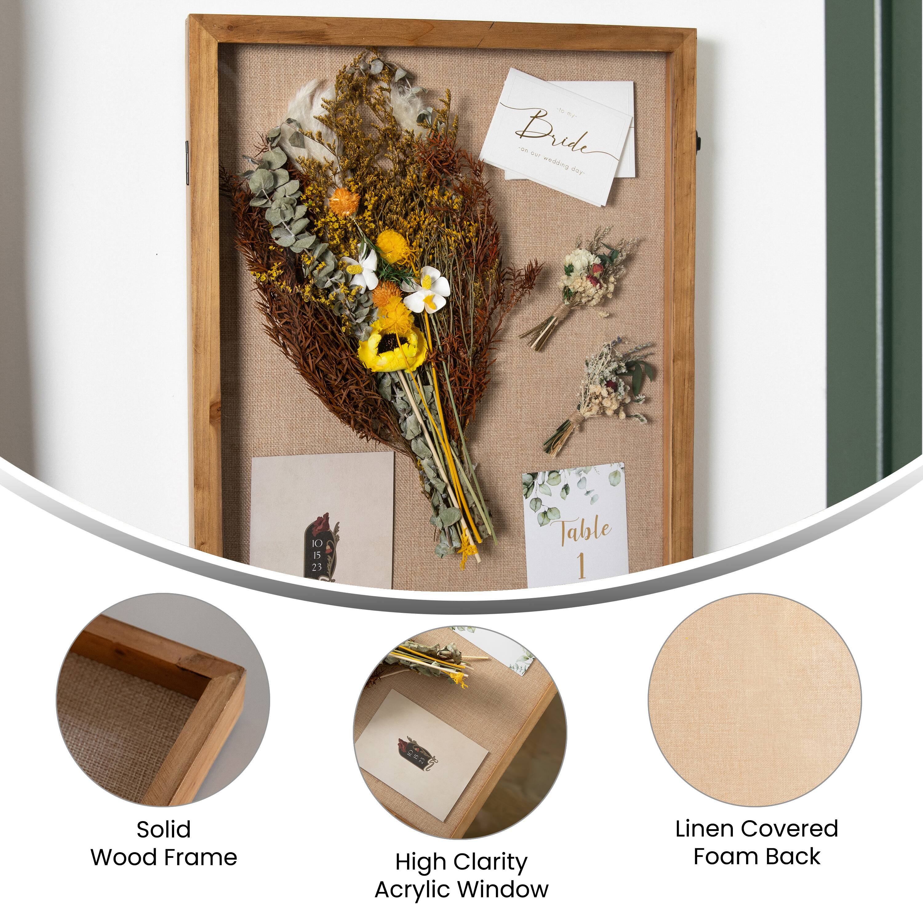 - Bride
- Solid Wood Frame
- High Clarity Acrylic Window
- Linen Covered Foam Back