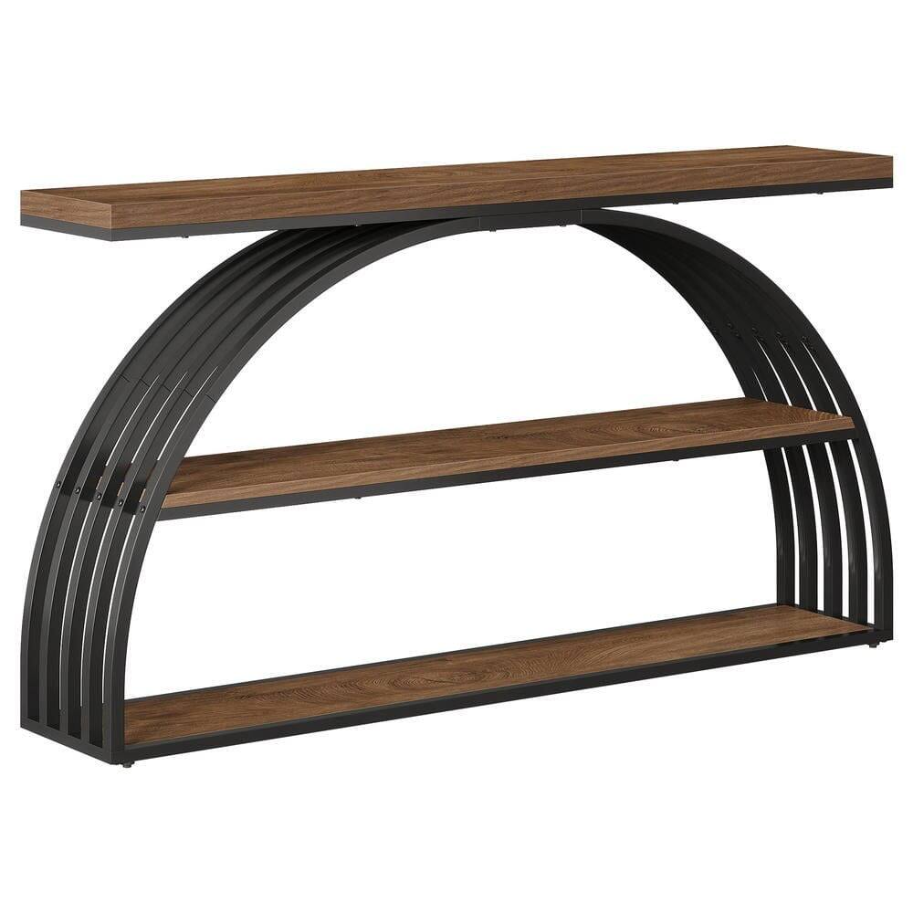 Back. Kadyn - 63-Inch Farmhouse Console Table with Arched Frame, 3-Tier Industrial Sofa Table, Rustic Brown & Black - Brown.