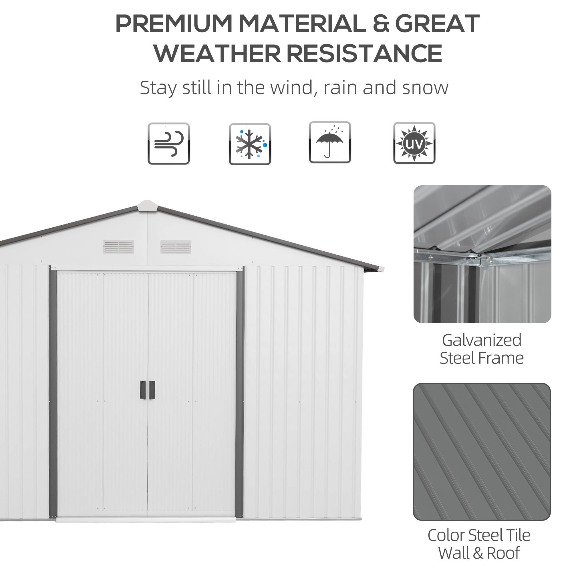 PREMIUM MATERIAL & GREAT WEATHER RESISTANCE
Stay still in the wind, rain and snow
Galvanized Steel Frame
Color Steel Tile Wall & Roof