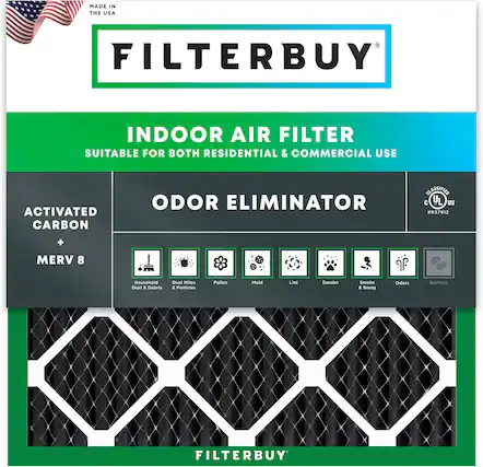 MADE IN THE USA FILTERBUY INDOOR AIR FILTER SUITABLE FOR BOTH RESIDENTIAL & COMMERCIAL USE ACTIVATED CARBON ODOR ELIMINATOR CLASSIFIED C YL US #R37912 + MERV 8 Household Dust & Debris Dust Mites & Particles Pollen Mold Lint Dander Smoke & Smog Odors Bacteria
