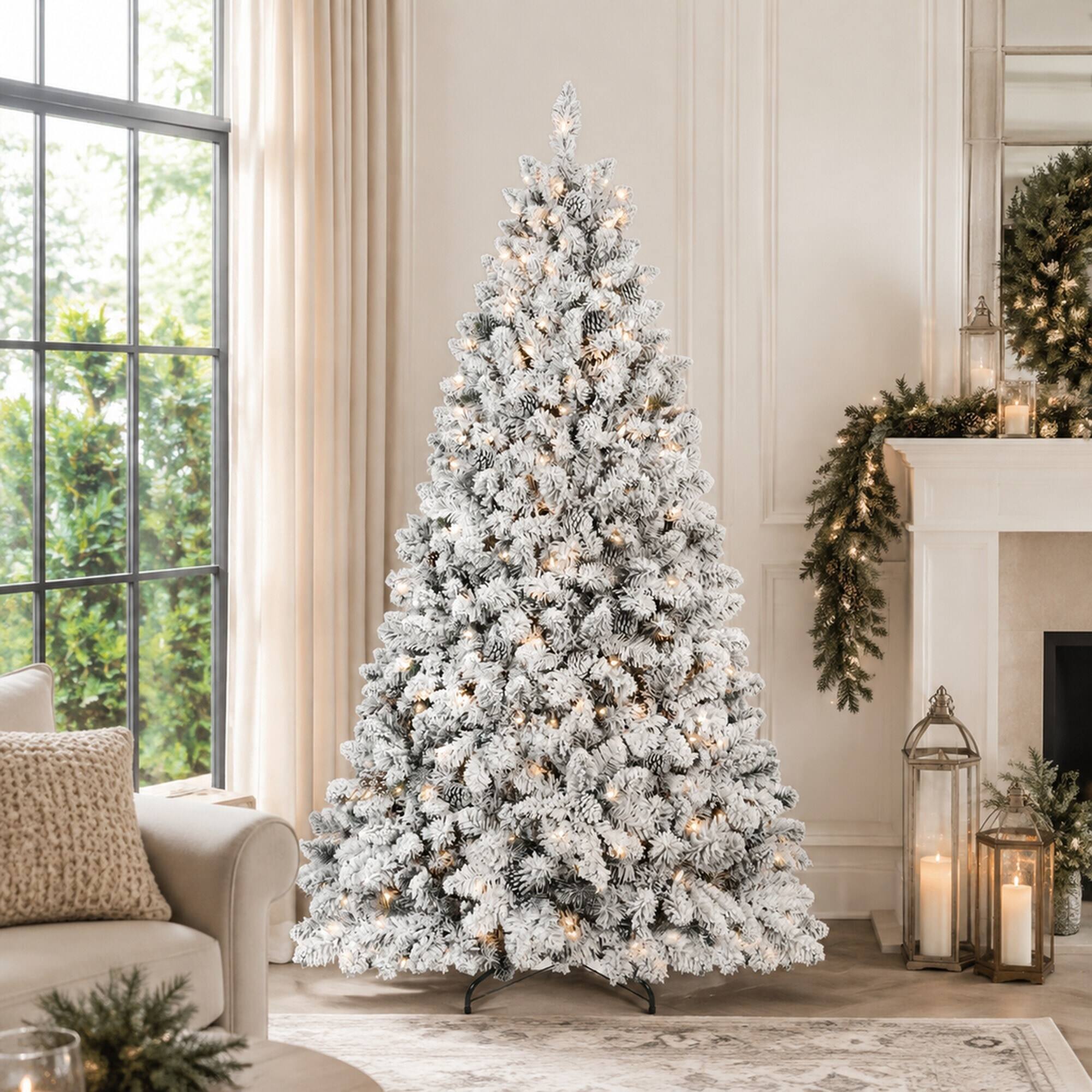 Back. RYHNUYNE - 9 Ft Flocked Snowy Artificial Christmas Tree With 850 Warm Lights, 63 Pine Cones 2240 Tips Metal Stand Decor - Green,White.