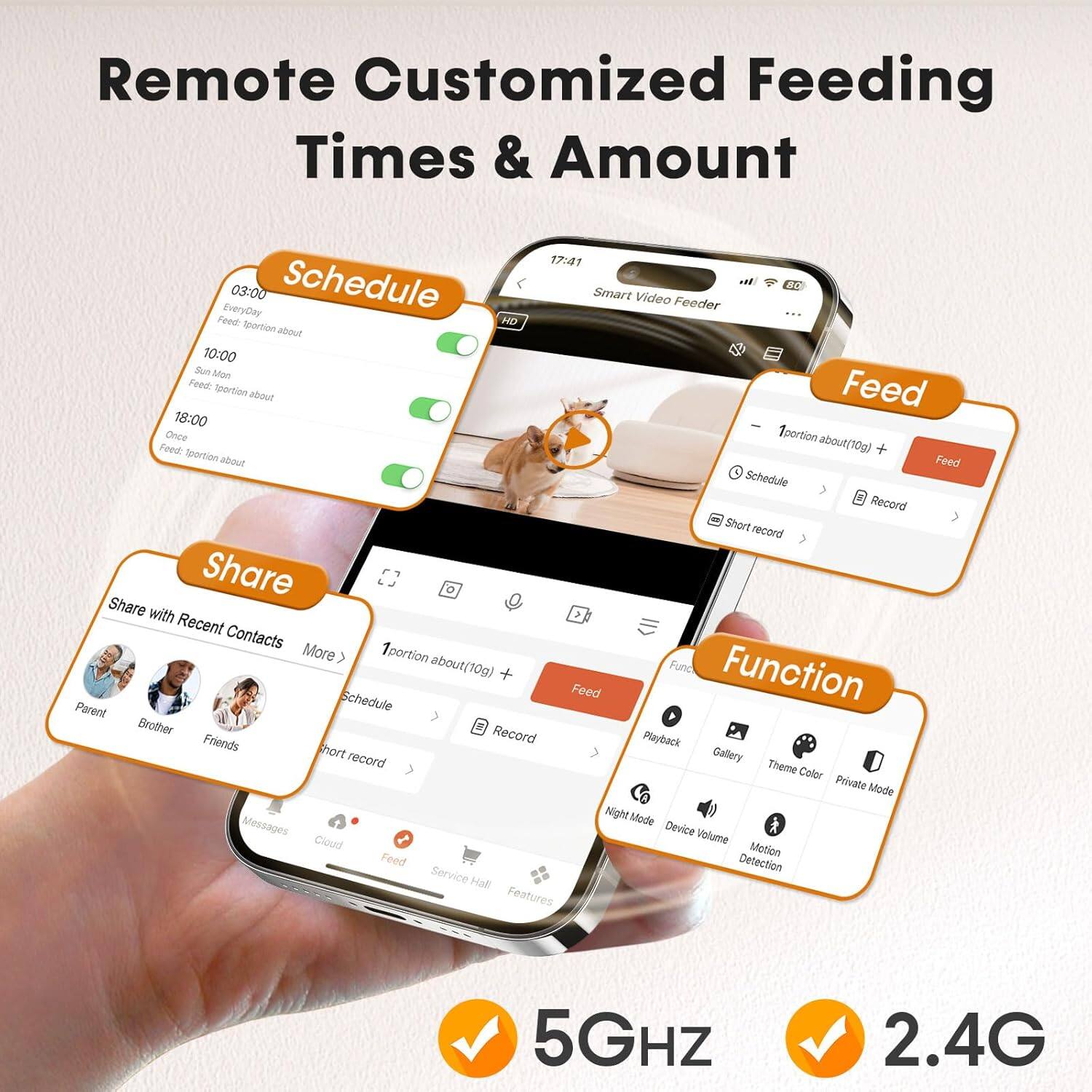 Remote Customized Feeding Times & Amount

17:41

Every Day 03:00
Schedule

Smart Video Feeder

10:00
Sun
Feed: 1 portion about

18:00
Once
Feed: 1 portion about

Feed

1 portion about(10g) +
Feed

Share
Share with Recent Contacts
Parent
Brother
Friends

Function
Playback
Gallery
Theme Color
Private Mode
Night Mode
Device Volume
Motion Feed Detection

5GHz
2.4G