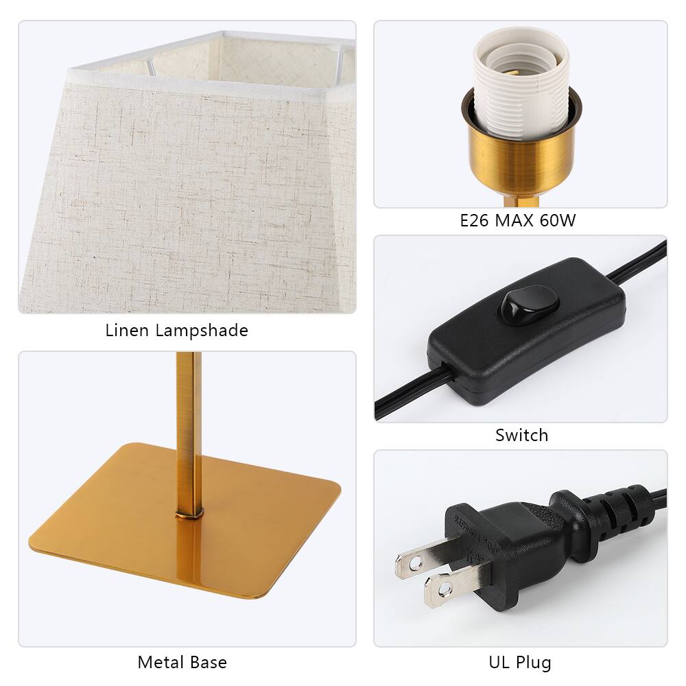 - Linen Lampshade
- E26 MAX 60W
- Metal Base
- Switch
- UL Plug