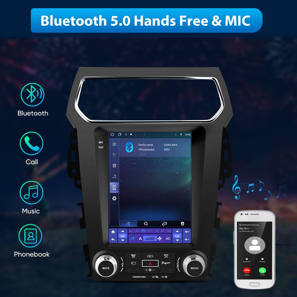 Bluetooth 5.0 Hands Free & MIC

- Bluetooth
- Call
- Music
- Phonebook

Device name: CarKit_Blink
PIN password: 0000

Features:
- MIC
- RST
- AC LO
- Phonebook
- AC MUTE
- MEDIA
- TASSNE

Icons:
- Bluetooth
- Call
- Music
- Phonebook

Big Bass Boost
Big Bass Boost
Big Bass Boost