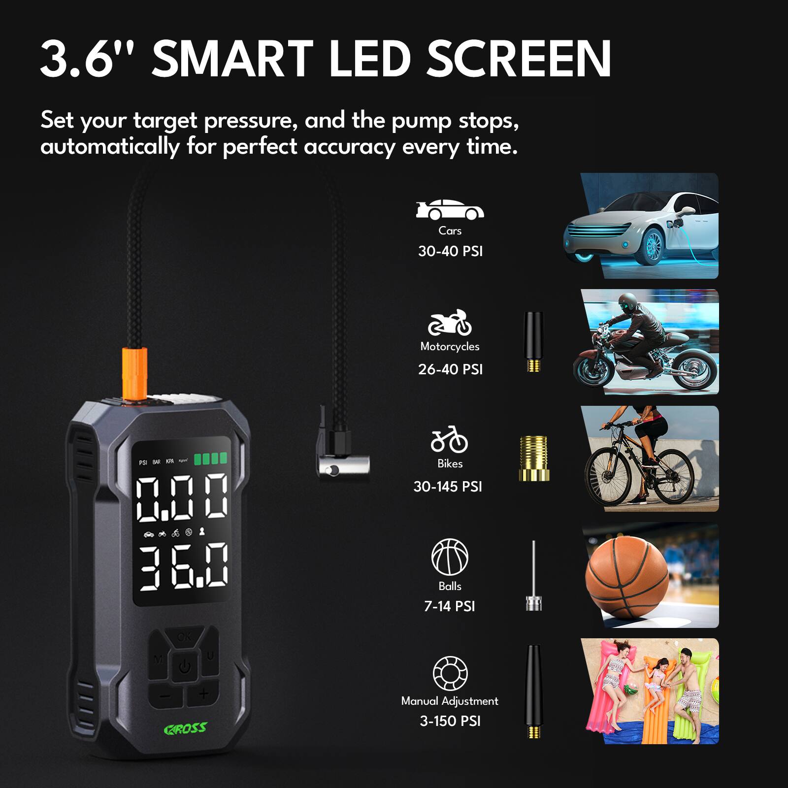 3.6" SMART LED SCREEN

Set your target pressure, and the pump stops automatically for perfect accuracy every time.

- Cars: 30-40 PSI
- Motorcycles: 26-40 PSI
- Bikes: 30-145 PSI
- Balls: 7-14 PSI
- Manual Adjustment: 3-150 PSI