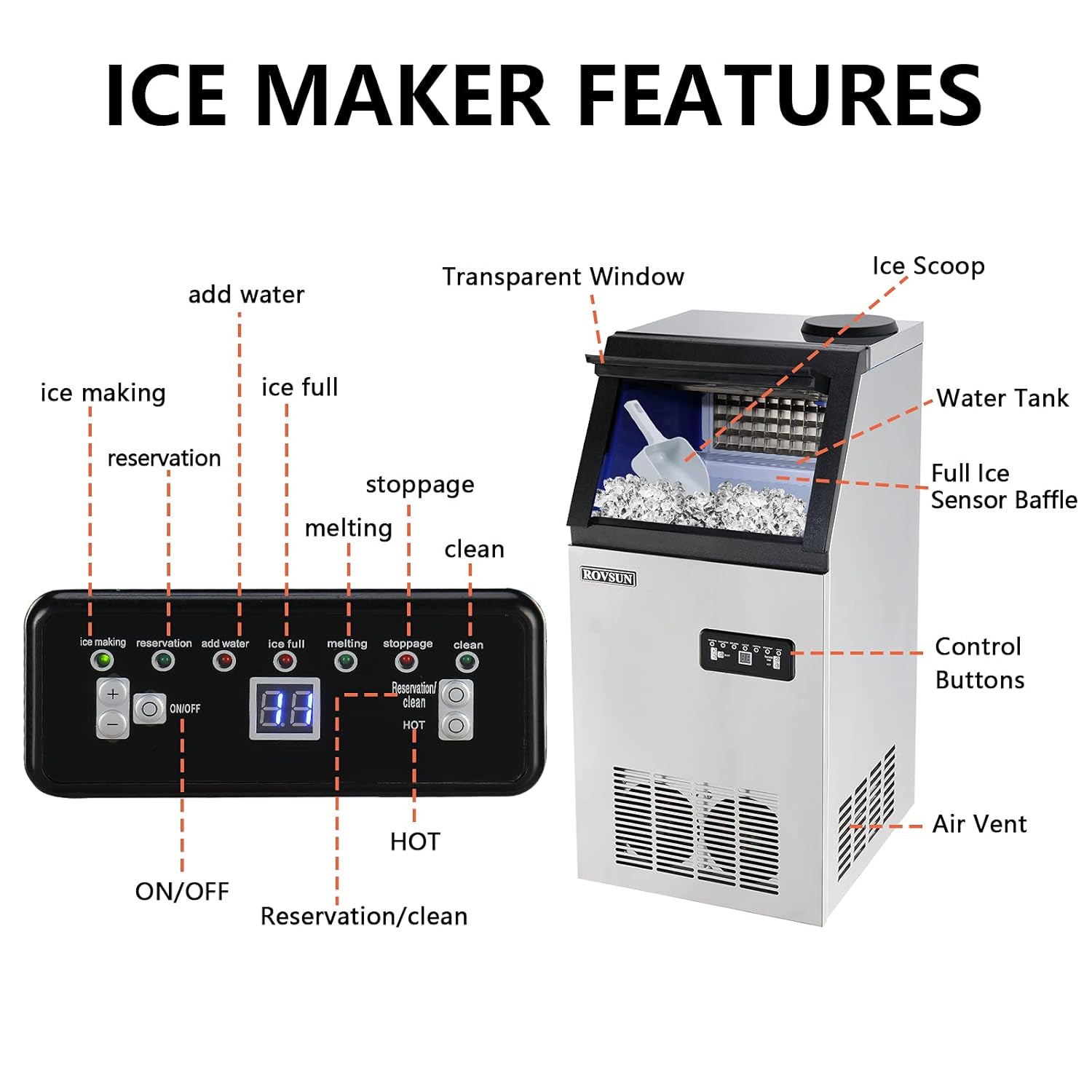 ICE MAKER FEATURES

- Transparent Window
- Ice Scoop
- Water Tank
- Full Ice Sensor Baffle
- Control Buttons
- Air Vent

- Ice making
- Reservation
- Add water
- Ice full
- Melting
- Stoppage
- Clean
- Reservation/clean
- HOT
- ON/OFF

- Ice making
- Reservation
- Add water
- Ice full
- Melting
- Stoppage
- Clean
- Reservation/clean
- HOT
- ON/OFF