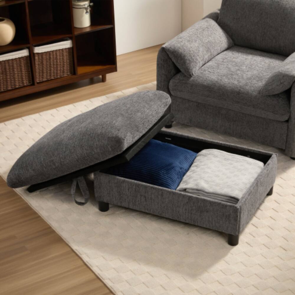 Alt View 2. LUCKY ONE - 38" Single Chenille Sofa w/ Storage Ottoman Phone Holder USB Charger Armrest Pockets - Gray.
