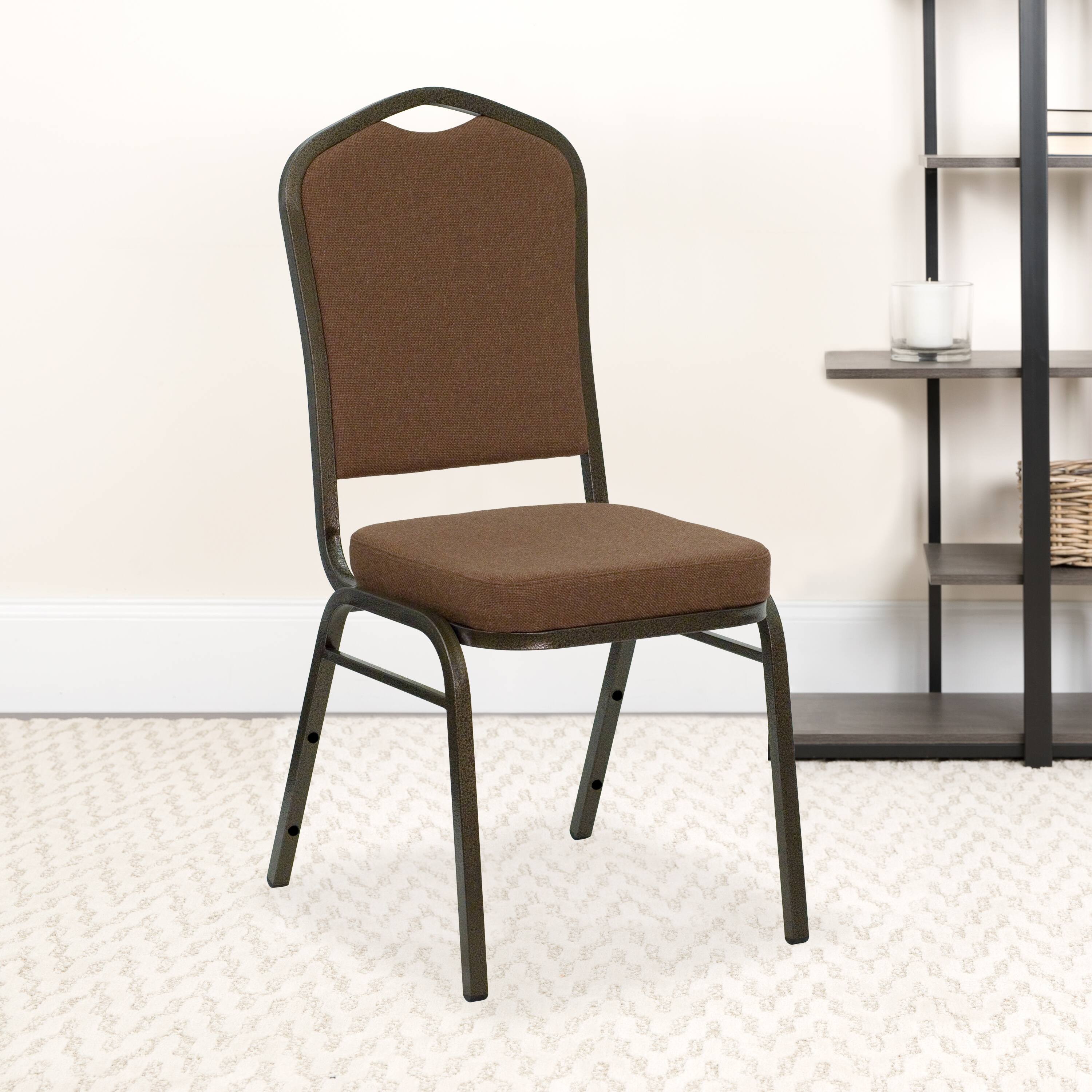 Alt View 1. Emma + Oliver - Crown Back Stacking Banquet Dining Chair - Coffee Fabric/Gold Vein Frame.