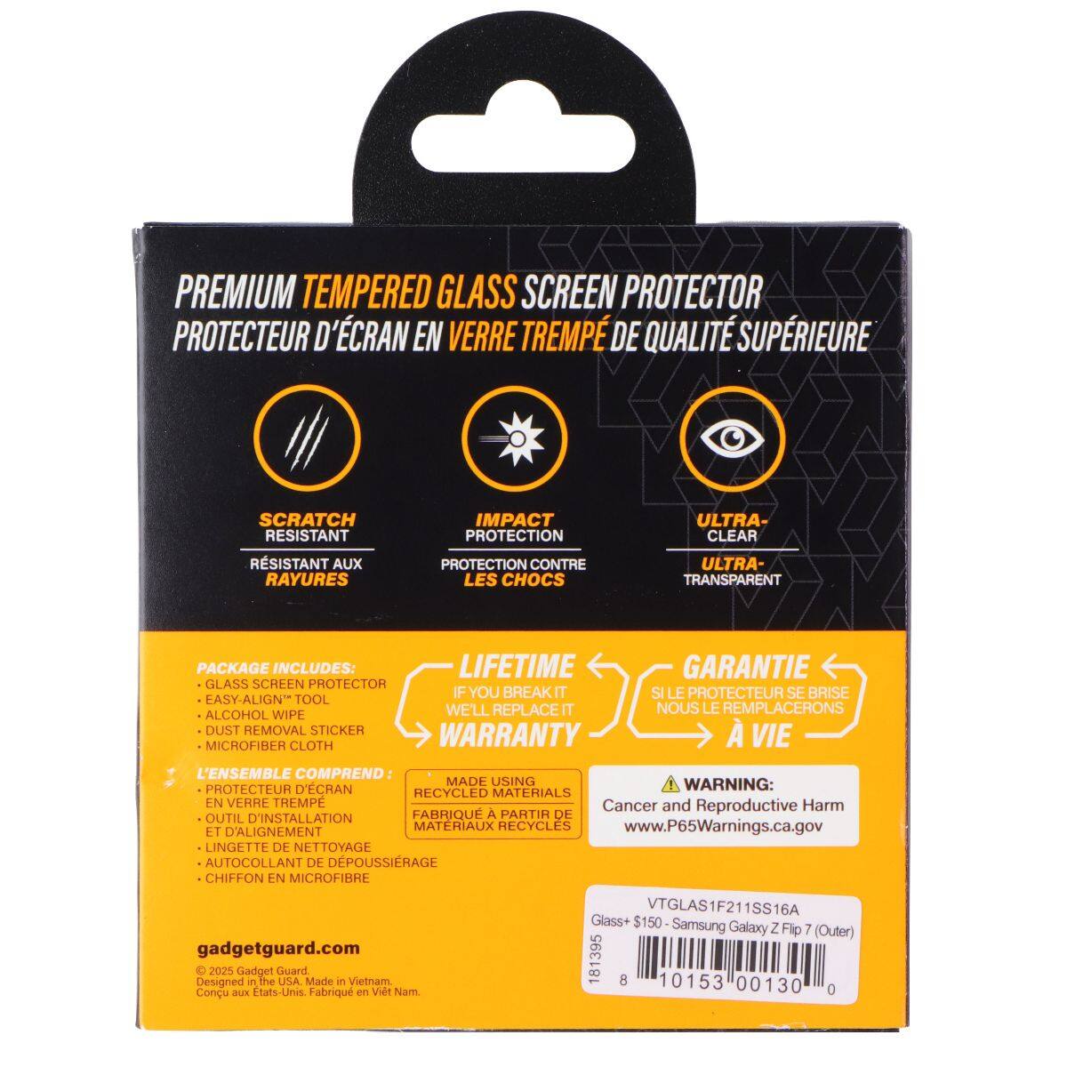 PREMIUM TEMPERED GLASS SCREEN PROTECTOR  
PROTECTEUR D'ÉCRAN EN VERRE TREMPÉ DE QUALITÉ SUPÉRIEURE  

SCRATCH RESISTANT  
RÉSISTANT AUX RAYURES  

IMPACT PROTECTION  
PROTECTION CONTRE LES CHOCS  

ULTRA-CLEAR  
ULTRA-TRANSPARENT  

PACKAGE INCLUDES:  
LIFETIME GARANTIE  
GLASS SCREEN PROTECTOR  
EASY-ALIGN TOOL  
ALCOHOL WIPE  
DUST REMOVAL STICKER  
MICROFIBER CLOTH  

L'ENSEMBLE COMPREND:  
PROTECTEUR D'ÉCRAN  
OUTIL D'INSTALLATION  
LINGETTE DE NETTOYAGE  
AUTOCOLLANT DE DÉPOUSSIERAGE  
CHIFFON EN MICROFIBRE  

IF YOU BREAK IT  
SI LE PROTECTEUR SE BRISE  
WE'LL REPLACE IT  
NOUS LE REMPLACERONS  

MADE USING RECYCLED MATERIALS  
FABRIQUÉ À PARTIR DE MATÉRIAUX RECYCLÉS  

WARNING:  
Cancer and Reproductive Harm  
www.P
