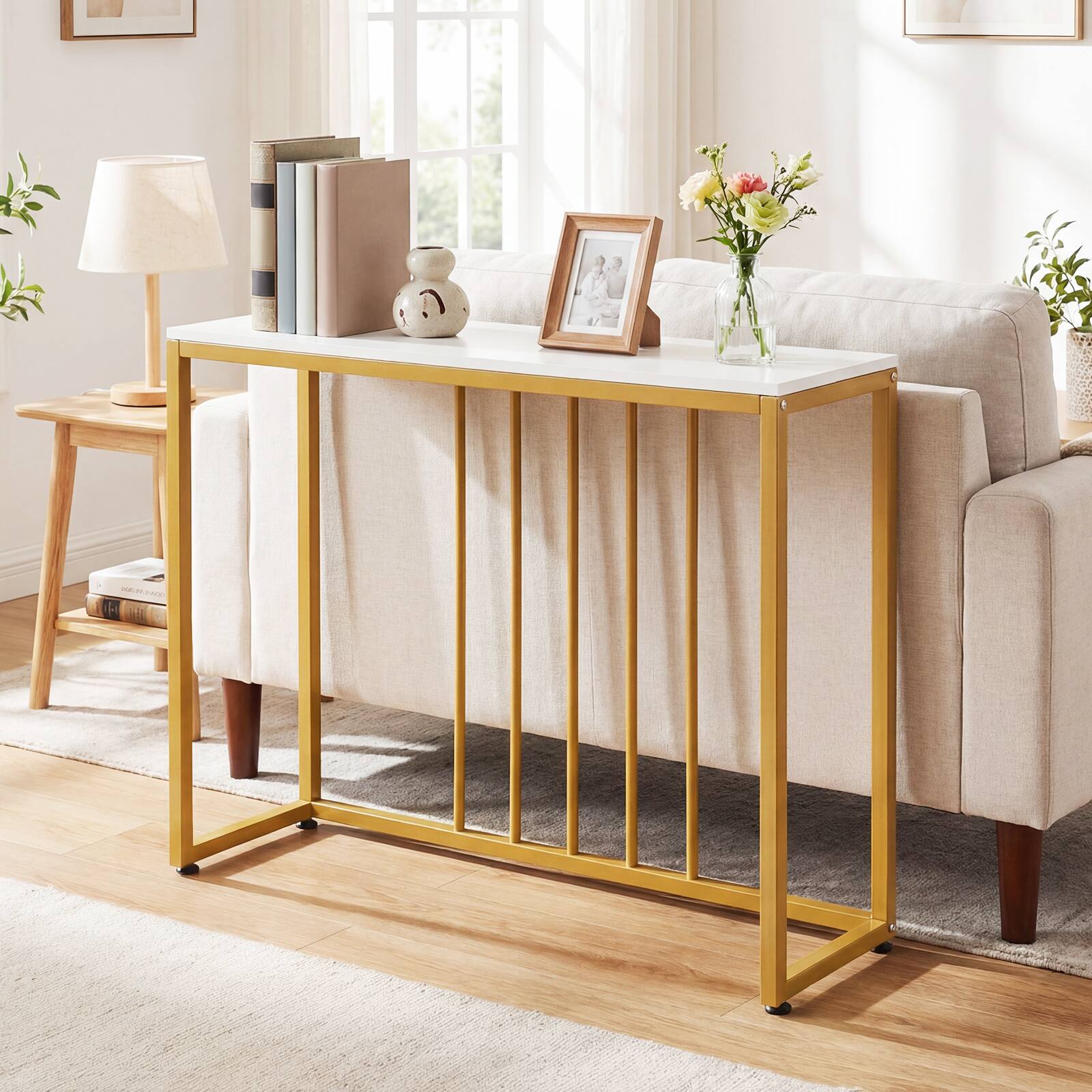 Alt View 3. Costway - Costway Console Table with Built-in Charging Station, Heavy-Duty Metal Frame for Foyer - White + Gold.