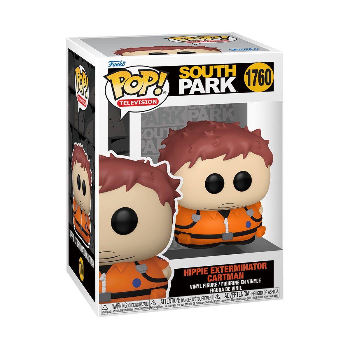 Sure, here is the corrected and grouped text from the image:

---

**Funko POP!**

**TELEVISION**

**SOUTH PARK**

**1760**

**HIPPIE EXTERMINATOR CARTMAN**

**VINYL FIGURE / FIGURINE EN VINYL / FIGURA DE VINIL**

**DANGER: PEQUEÑAS PIEZAS / ATTENTION: PETITES PIÈCES / WARNING: SMALL PARTS**

**ADVERTENCIA: PELIGRO DE ASFIXIA / DANGER: CHOKING HAZARD**

**WARNING: CHOKING HAZARD - Small parts. Not for children under 3 years.**

---

This text is organized to reflect the information on the packaging of the Funko Pop! vinyl figure.