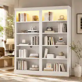 RYHNUYNE - 83 in Tall 5-Tier Bookcase Suite with LED Light Strip Solid Wood and MDF - White