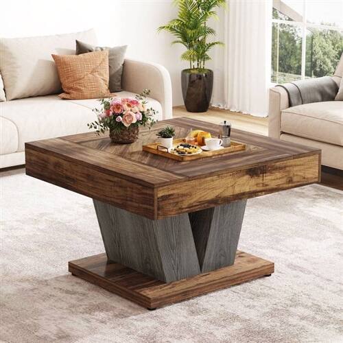 Angle. SlickBlue - Square Farmhouse Coffee Table with Wood Finish for Living Room - Brown.