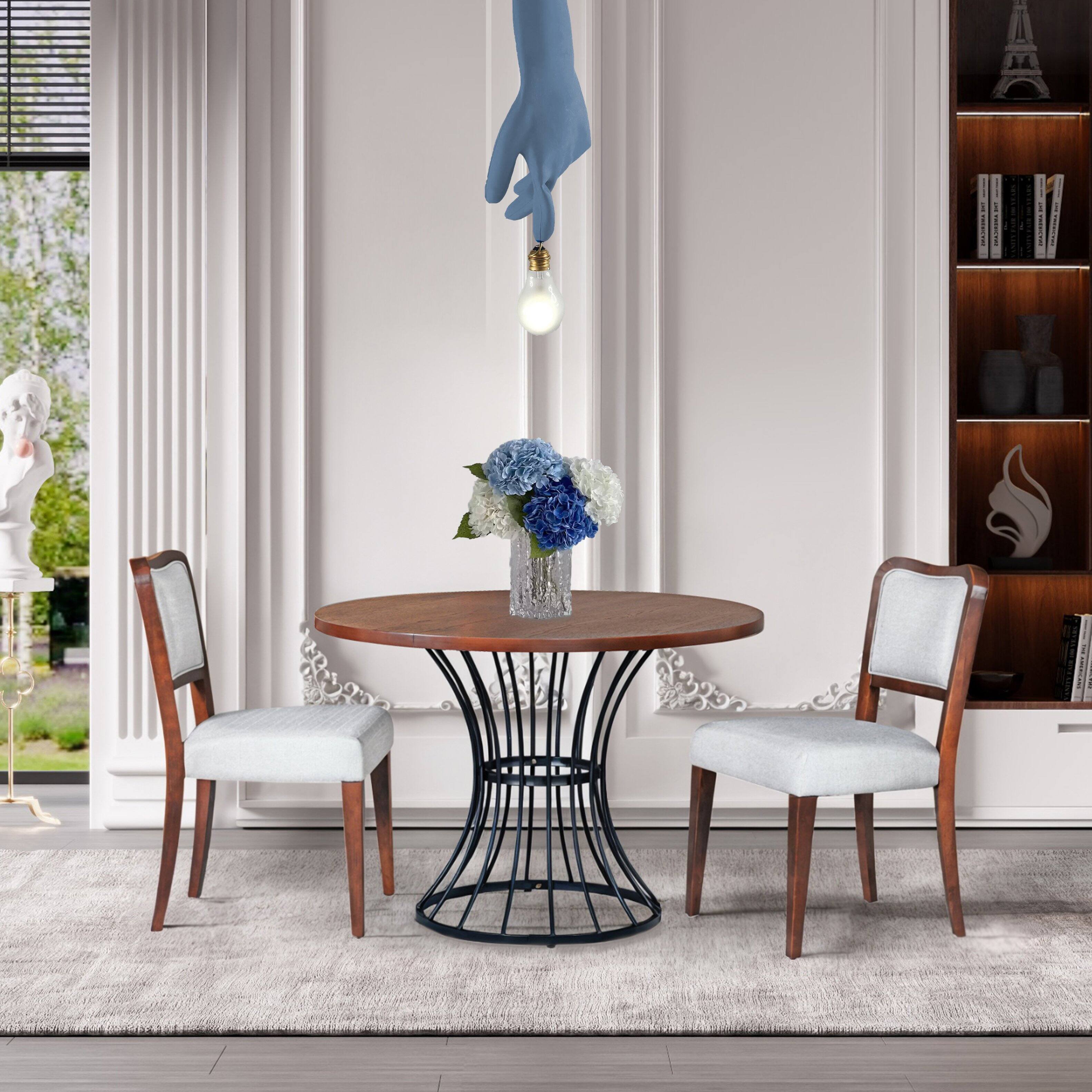 Left. TinyHomie - 42in Round Oak Dining Set – Solid Wood-Look Veneer Table and 2 Upholstered Walnut-Finish Chairs Heavy-Duty Iron Base - Beige and Black and Walnut.