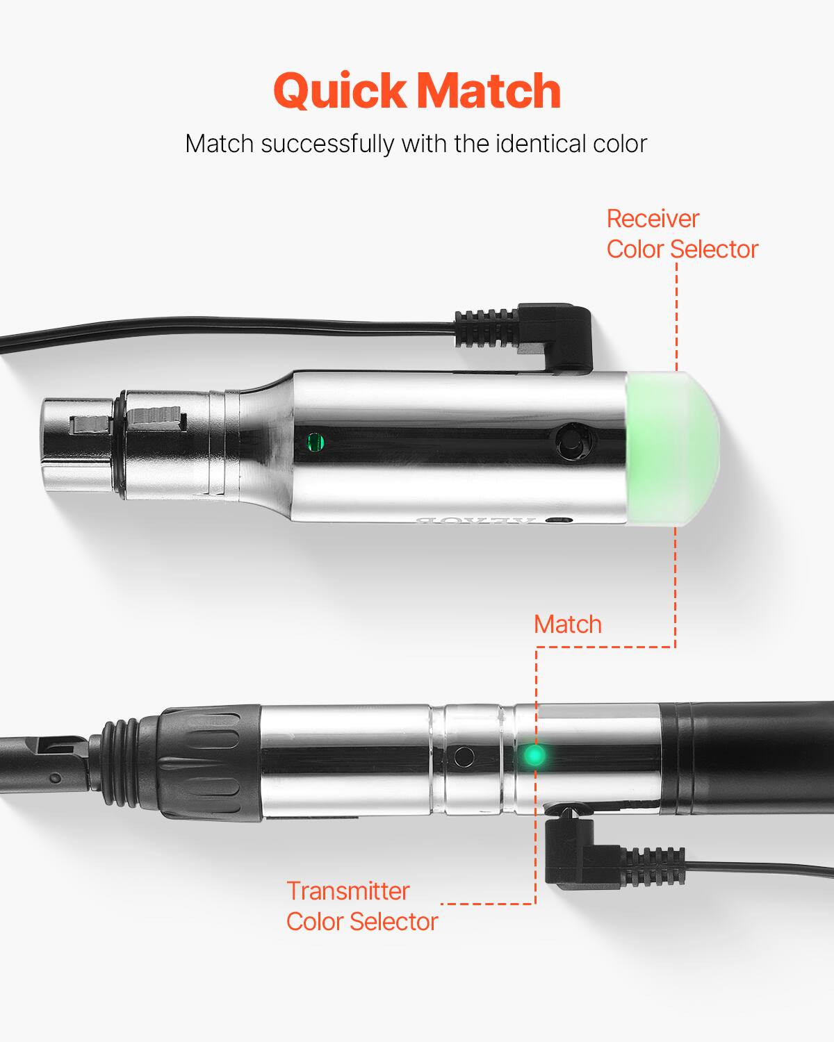 Quick Match  
Match successfully with the identical color  

Receiver Color Selector  
Transmitter Color Selector