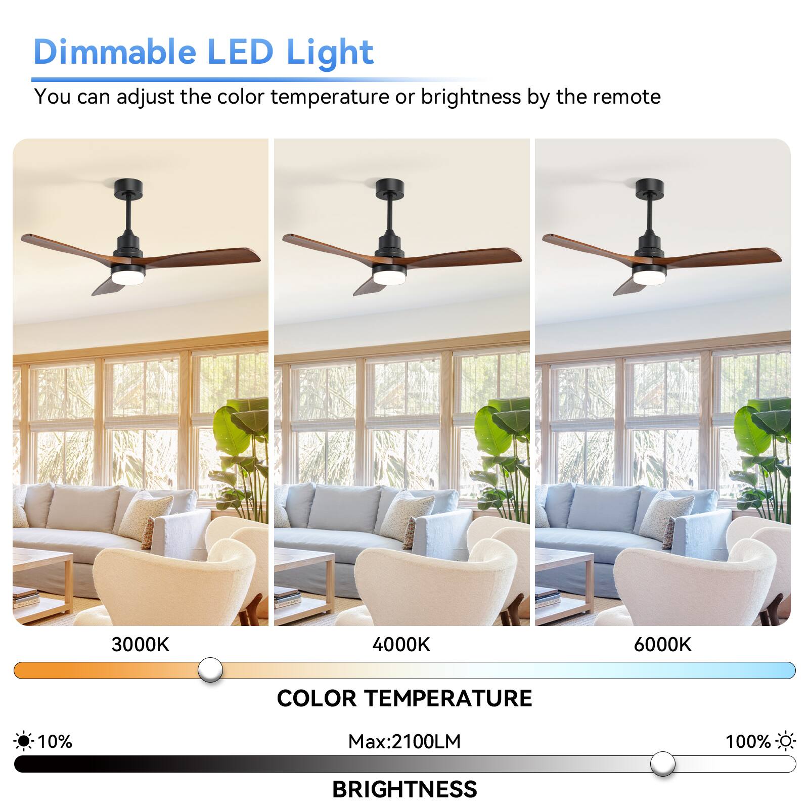 Dimmable LED Light  
You can adjust the color temperature or brightness by the remote  

3000K  
4000K  
6000K  

COLOR TEMPERATURE  

10%  
Max: 2100LM  
100%  

BRIGHTNESS