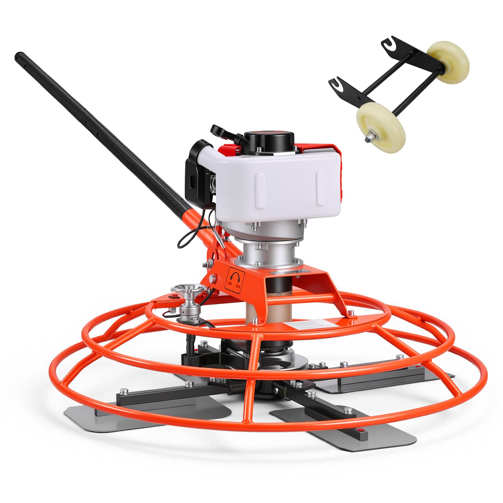 Front. VEVOR - Power Trowel, 28.3 inch Trowel Diameter Concrete Finishing Machine, 4 Blades, Adjustable 0-12° Pitch, Gas-Powered - White;Orange.