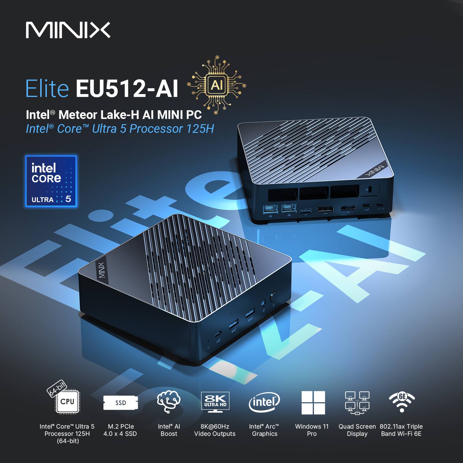 MINIX Elite EU512-AI AI Intel Meteor Lake-H AI MINI PC Intel Core Ultra 5 Processor 125H Intel Core Ultra 5 Processor 125H (64-bit) M.2 PCIe Intel AI Boost 8K@60Hz Intel Arc Graphics Windows 11 Quad Screen 802.11ax Triple Band Wi-Fi 6E Video Outputs SSD ULTRA HD