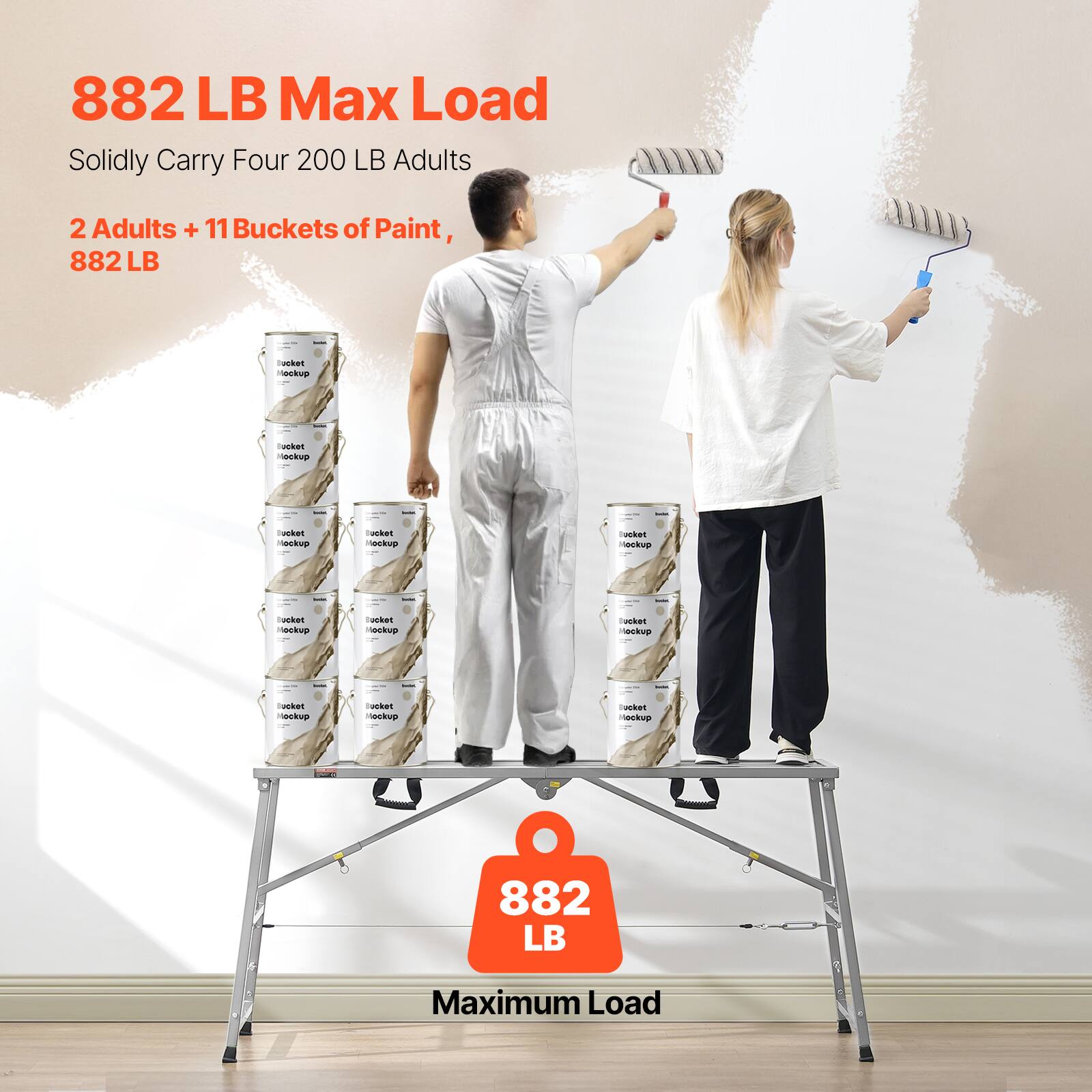 882 LB Max Load  
Solidly Carry Four 200 LB Adults  
2 Adults + 11 Buckets of Paint, 882 LB  

Maximum Load