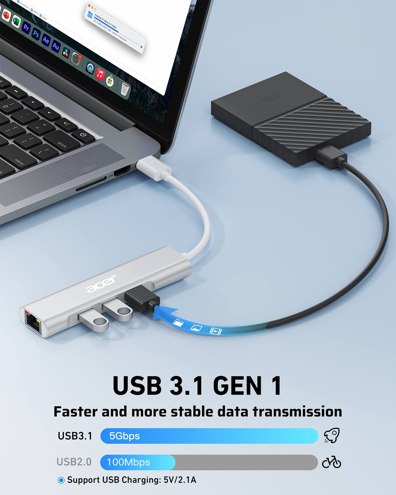 - Pr Ps Ae Au Cevha - - -   - 0 . & I . C0D + - 1 - - ~ - - u > aee acer USB 3.1 GEN 1 Faster and more stable data transmission USB3.1 5Gbps USB2.0 100Mbps Support USB Charging: 5V/2.1A
