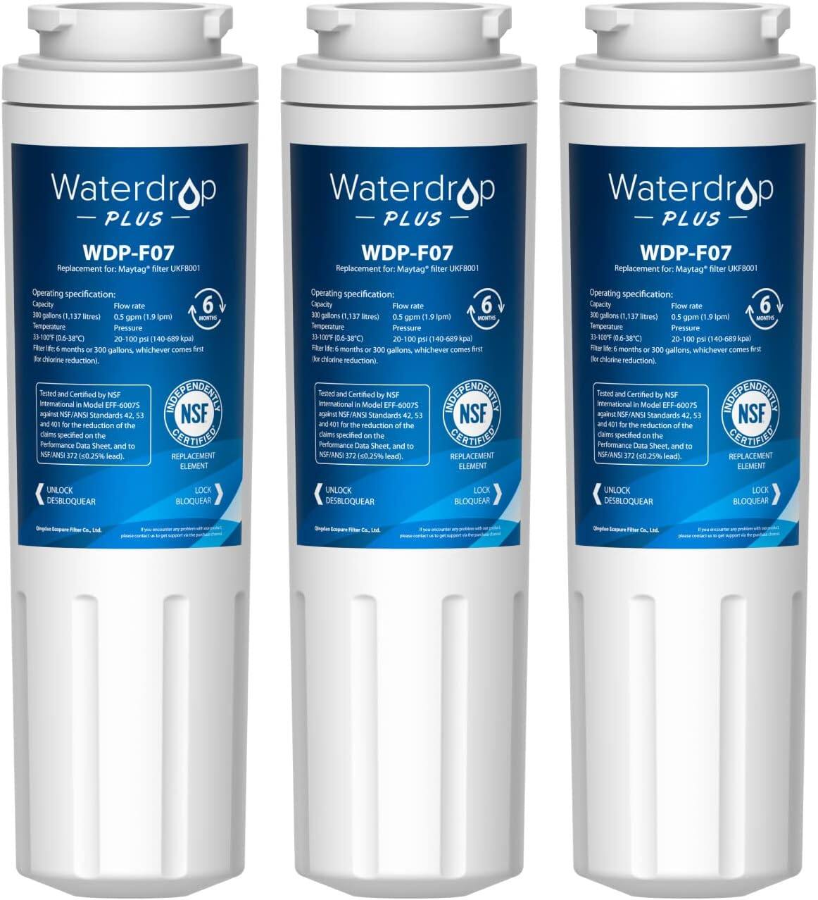 Waterdrop PLUS  
WDP-F07  
Replacement for: Maytag* filter UKF8001  

Operating specifications:  
Capacity: 300 gallons (1,137 litres)  
Flow rate: 0.5 gpm (1.9 lpm)  
Pressure: 20-100 psi (140-689 kPa)  
Filter life: 6 months or 300 gallons, whichever comes first  
Chlorine reduction  

Tested and Certified by NSF International in Model EFFF-60075 against NSF/ANSI Standards 42, 53, and 401 for the reduction of the contaminants specified in the Certified Performance Data Sheet and to NSF/ANSI Standard 372 (0.25% lead).  

REPLACEMENT ELEMENT  
UNLOCK  
DESBLOQUEAR  
LOCK  
BLOQUEAR  

*Maytag is a registered trademark of Whirlpool Corporation.  
Simple Spring Filter Co., Ltd.  

Waterdrop PLUS  
WDP-F07  
Replacement for: Maytag* filter UKF8001  

Operating specifications:  
Capacity: 300 gallons (1,1