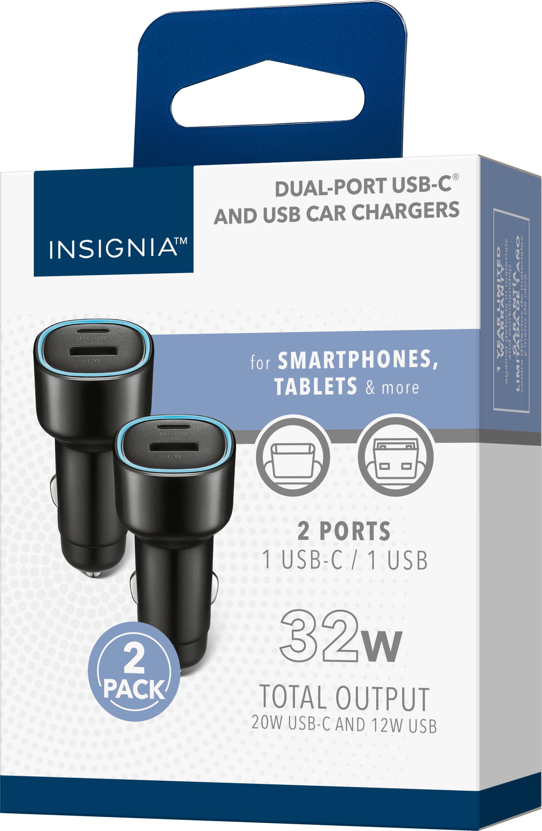 The text on the image is grouped and corrected as follows:

"Insignia Dual-Port USB-C and USB Car Chargers for Smartphones, Tablets & More - 2 Pack, 2 Ports, 1 USB-C/1 USB-A, 32W Total Output (20W USB-C and 12W USB-A)"