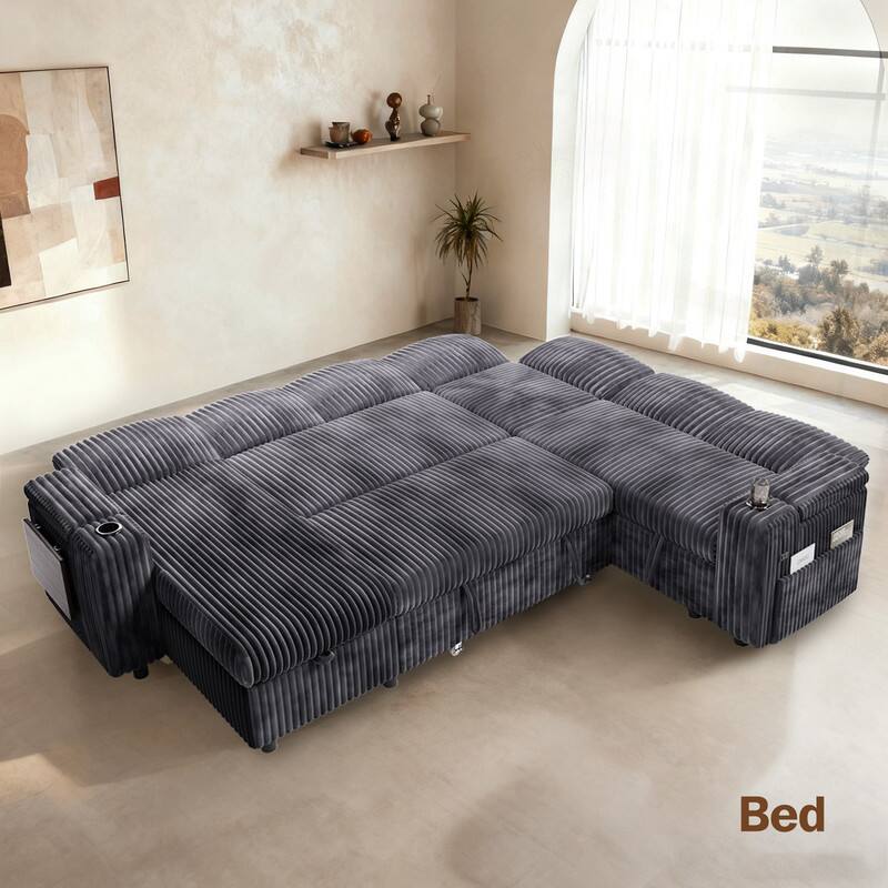 Back. Vipbear - 110" Modular Sectional Sofa with Pull Out Bed,Corduroy Fabric 7 Seat Sectional Sleeper Sofa with Storage,for Living Room - Dark Dray.
