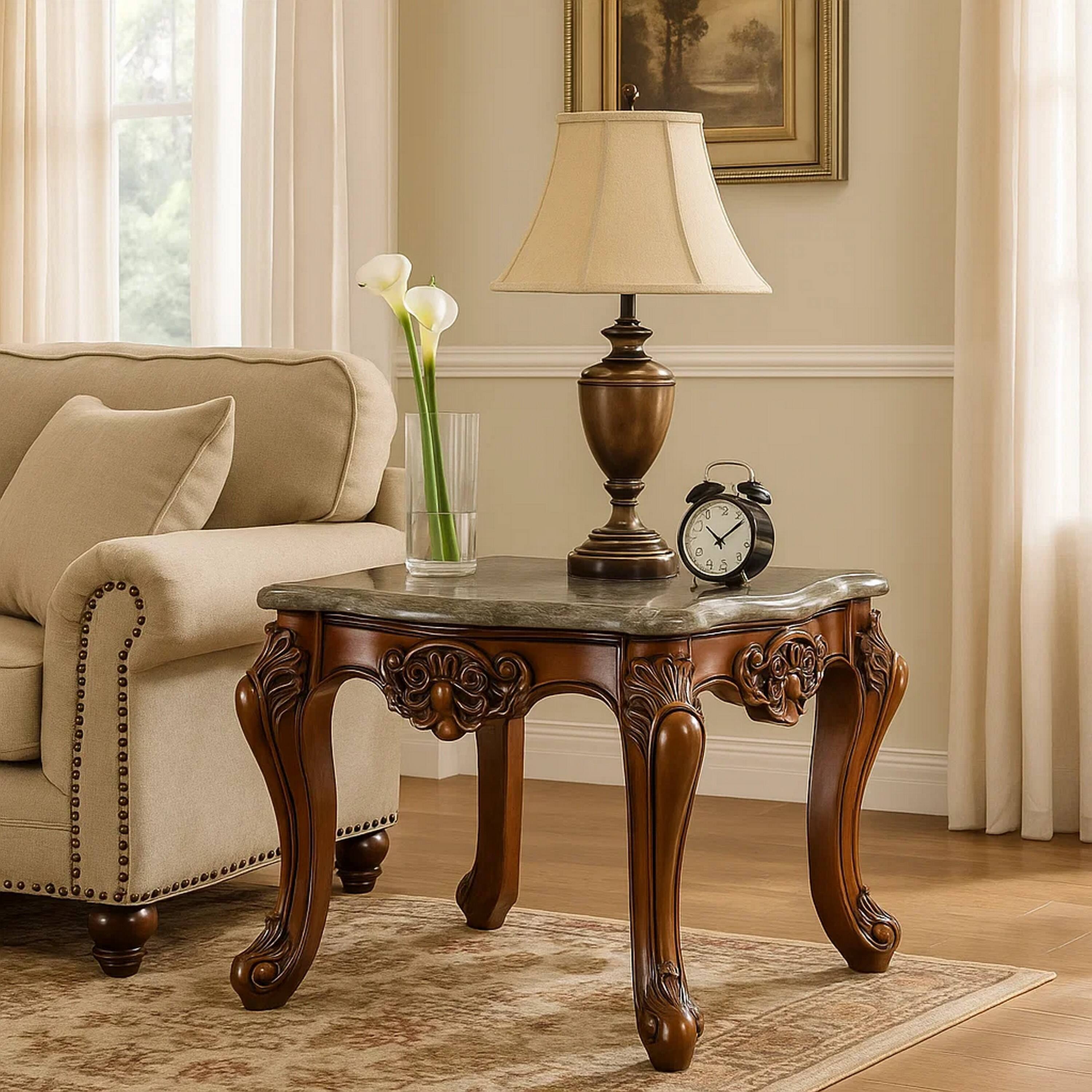 Alt View 6. Manhattan Lane - 30 Inch Classic Square Marble Top End Table, Cabriole Legs - Gray and Brown.