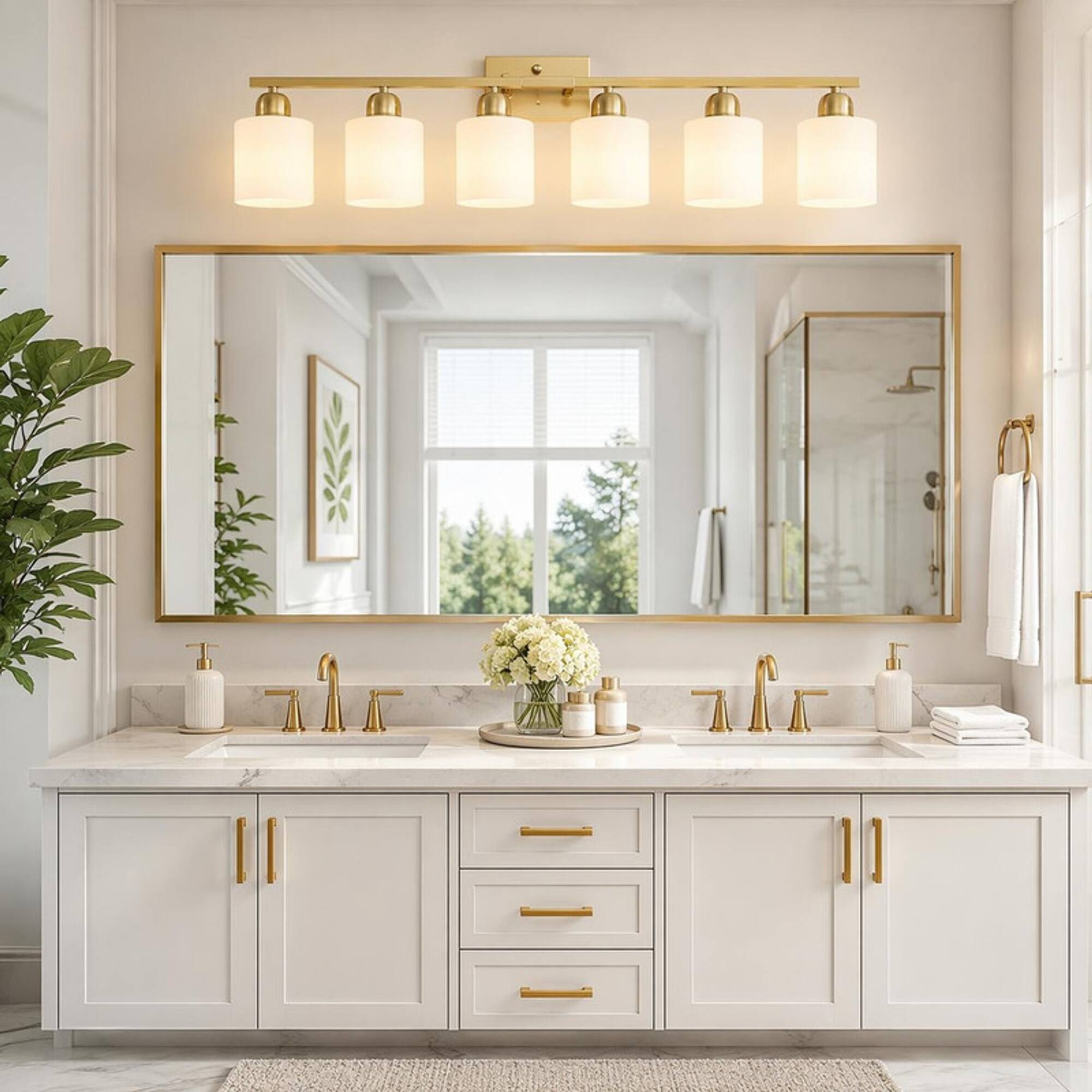Left. RYHNUYNE - Gold 6‑Light Bathroom Vanity Light,Modern Wall Sconce with Milky White Frosted Glass Shades - Coppery.