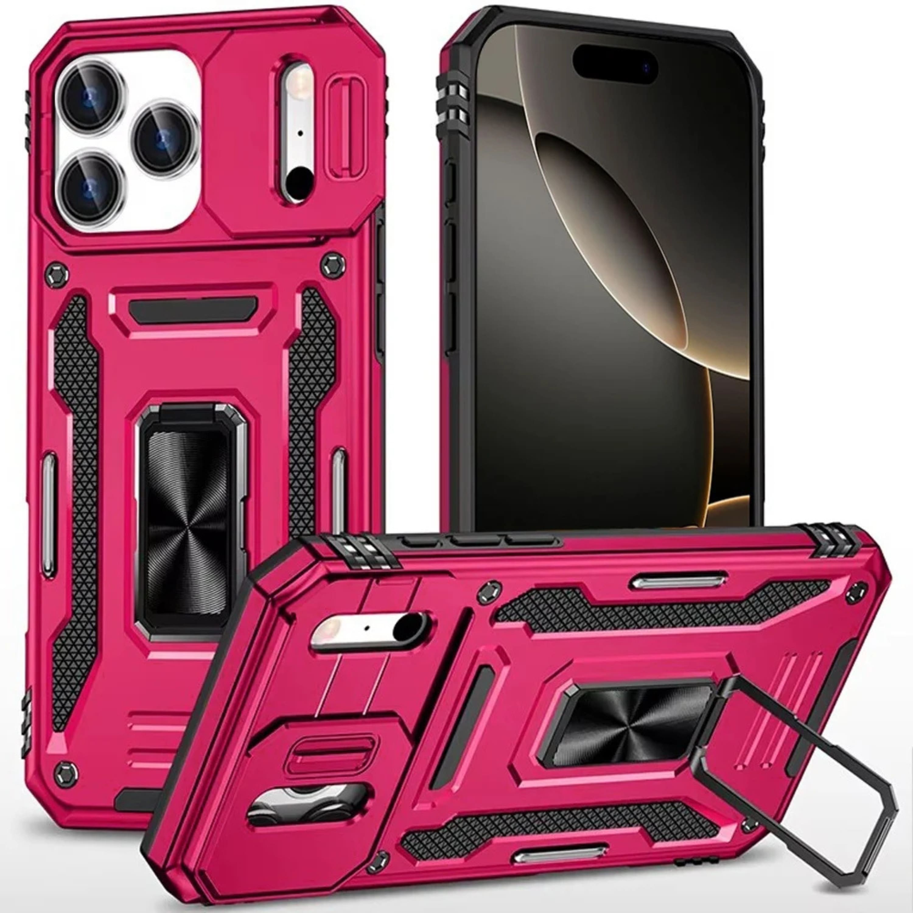 Kitcheniva - Sliding Lens Magnetic Ring Stand Case With Tempered Glass For iPhone 17 Pro Max - Hot Pink
