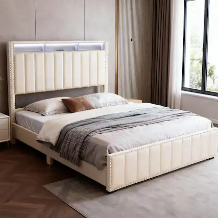 Front. Parrot Uncle - Contemporary Velvet Platform Bed With LED Lights and Nailhead Trim - Beige.
