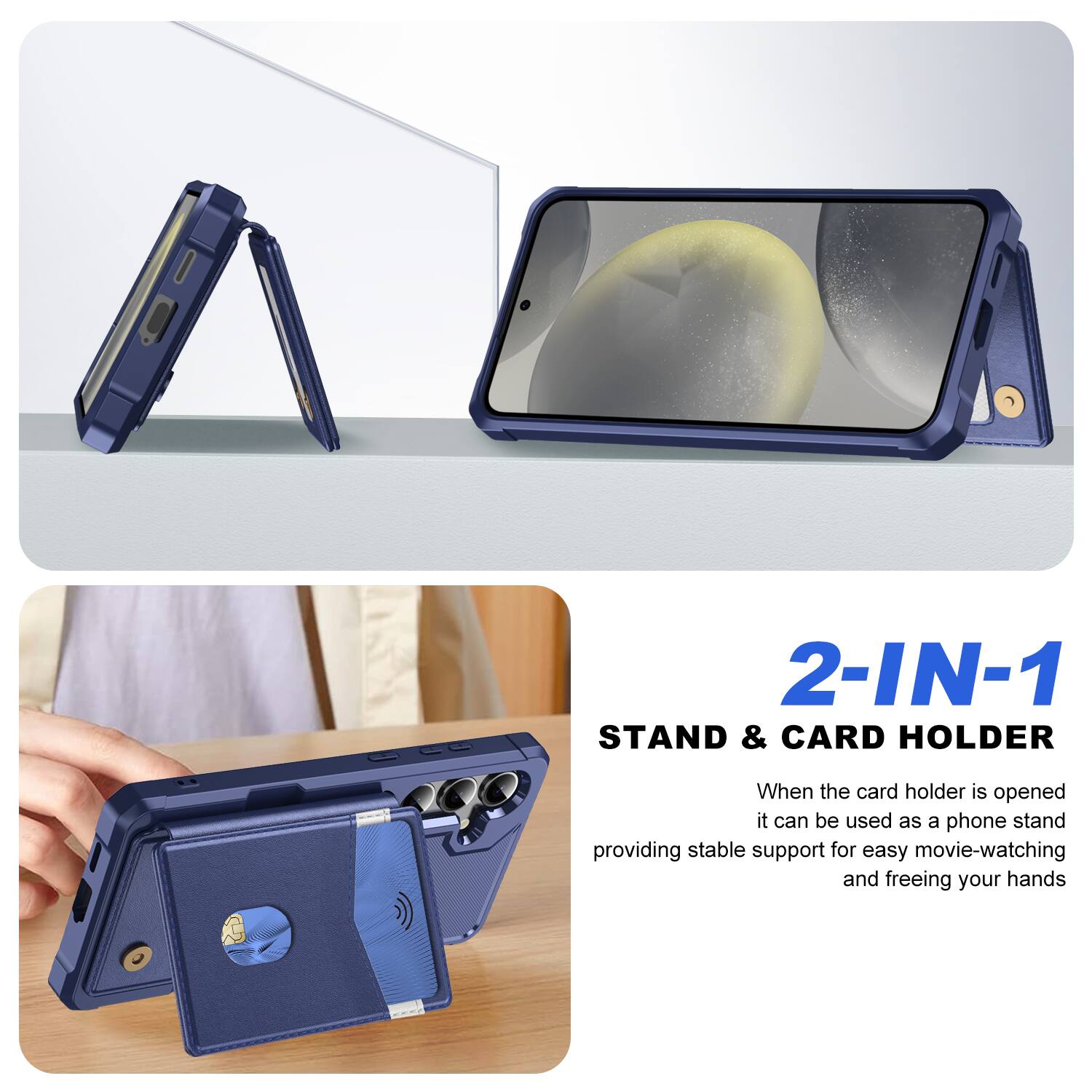 2-IN-1 STAND & CARD HOLDER

When the card holder is opened, it can be used as a phone stand, providing stable support for easy movie-watching and freeing your hands.
