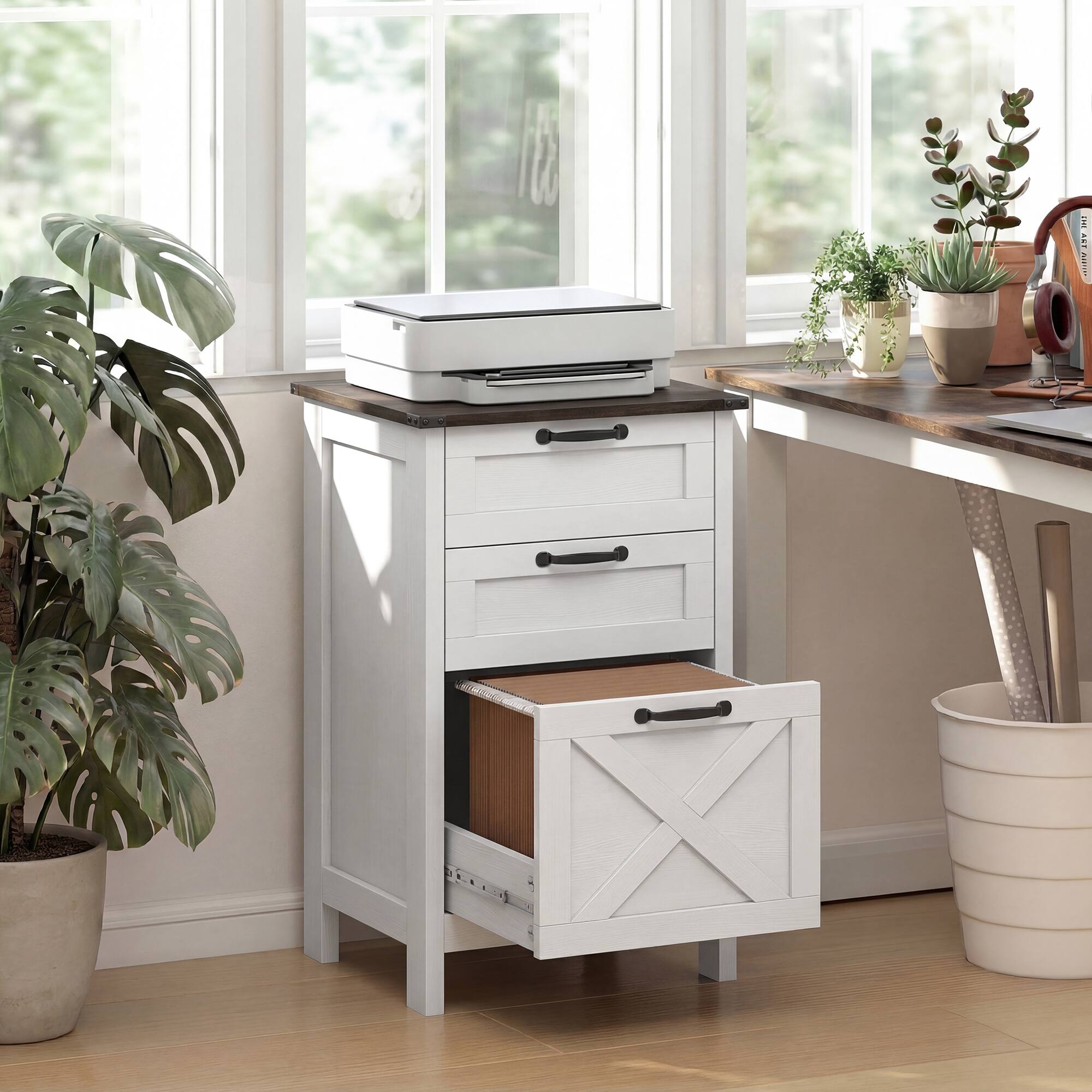 Alt View 8. Homcom - File Cabinet with 3 Drawers, Rustic Farmhouse Office Storage Cabinet for A4, Letter Size - White.
