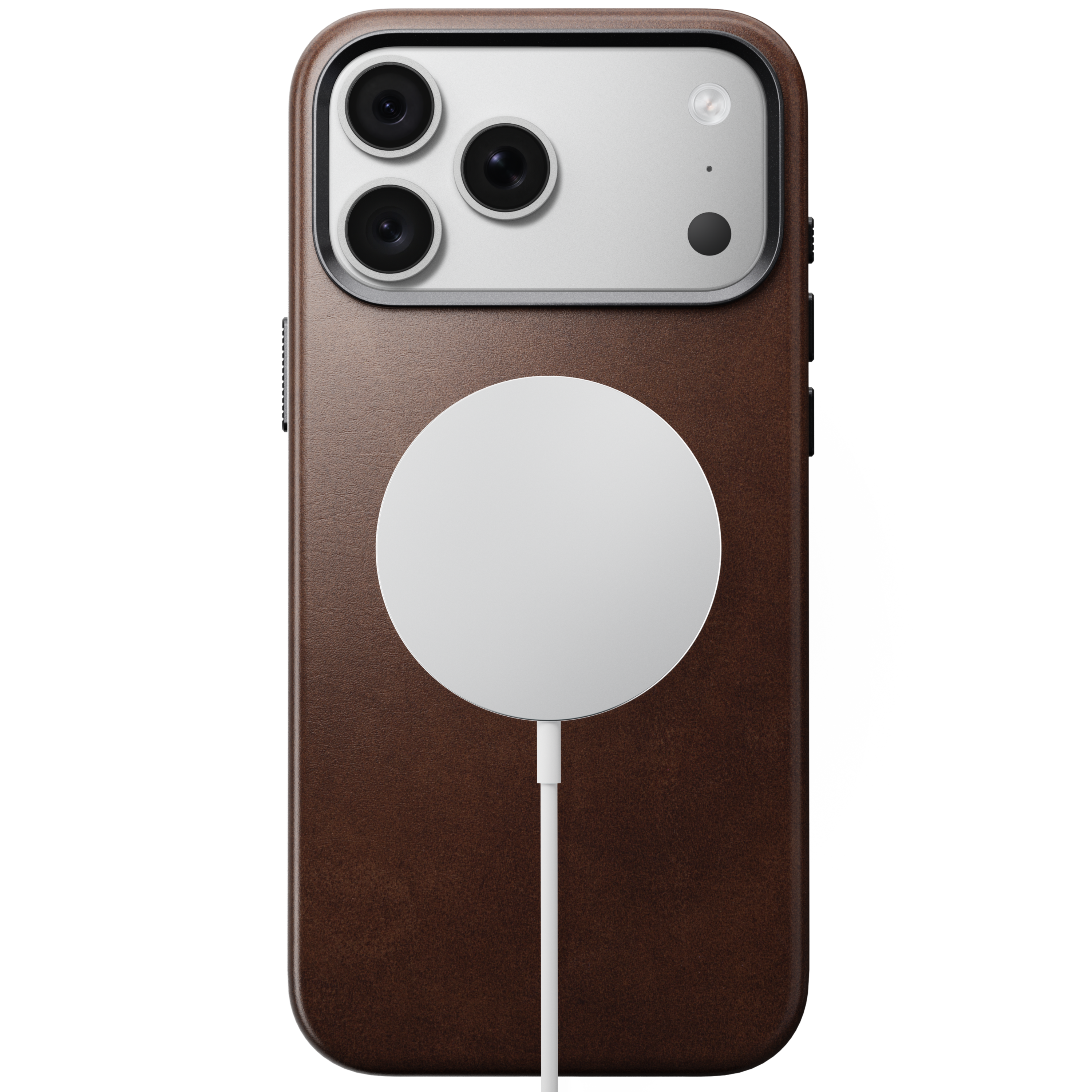 Angle. Nomad - Traditional Leather Series Case for Apple iPhone 18 Pro Max/iPhone 17 Pro Max Horween Leather - Rustic Brown.