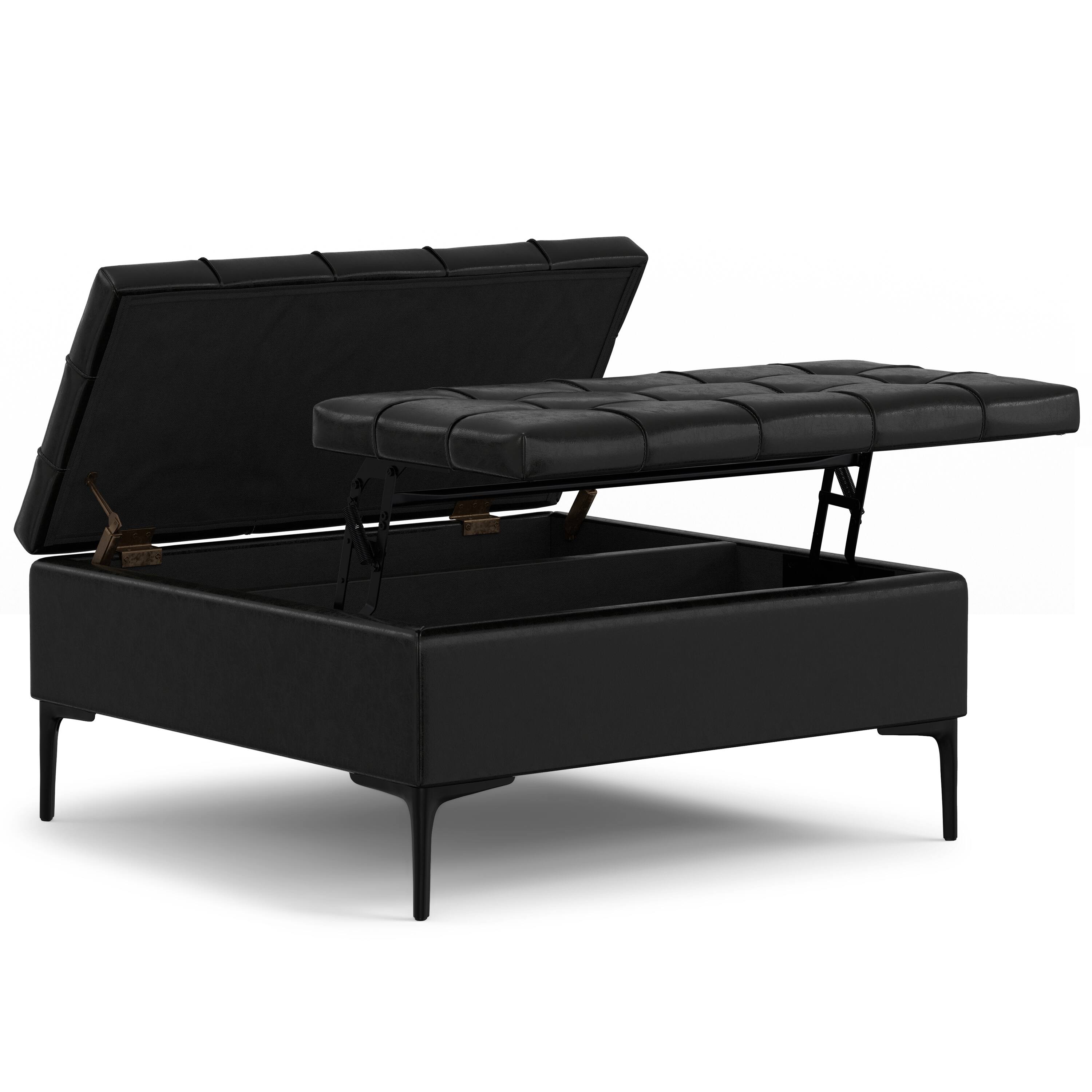 Back. Simpli Home - Laura 36 inch Transitional Square Mid Century Lift Top Storage Ottoman in Midnight Black Vegan Faux Leather, Assembled - Midnight Black.