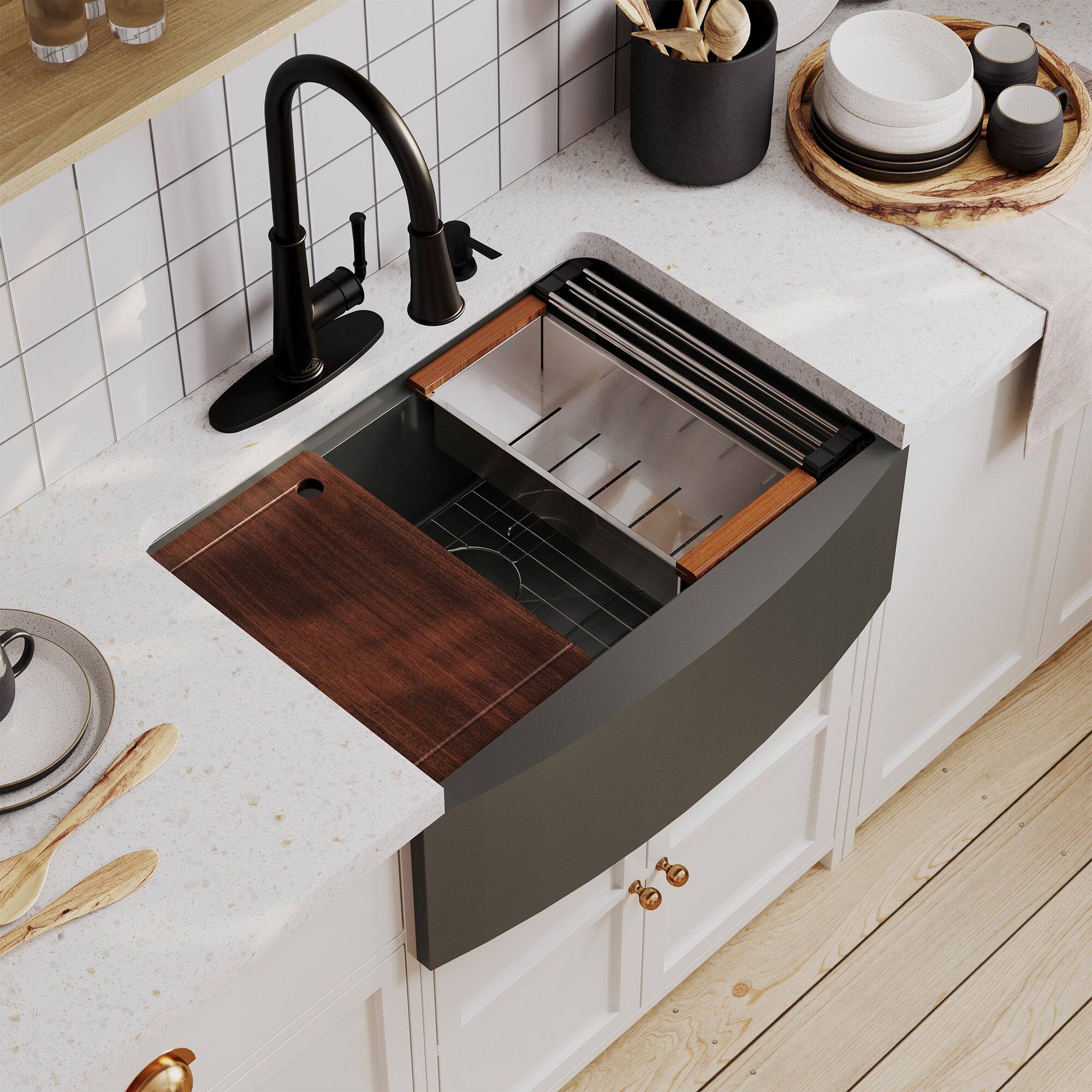 Alt View 3. Boyel Living - 30 in. Farmhouse/Apron-Front Single Bowl Black 18-Gauge Stainless Steel Kitchen Sink with Drain and Accessories - Silver.
