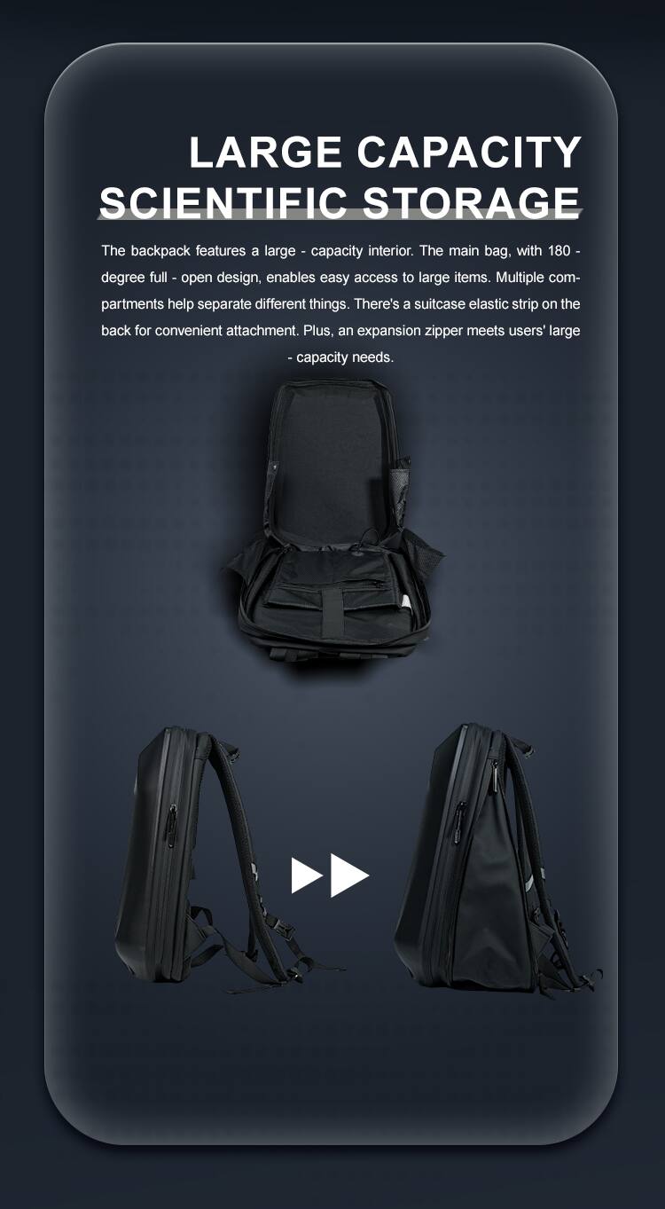 LARGE CAPACITY SCIENTIFIC STORAGE

The backpack features a large-capacity interior. The main bag, with 180-degree full-open design, enables easy access to large items. Multiple compartments help separate different things. There's a suitcase elastic strip on the back for convenient attachment. Plus, an expansion zipper meets users' large-capacity needs.