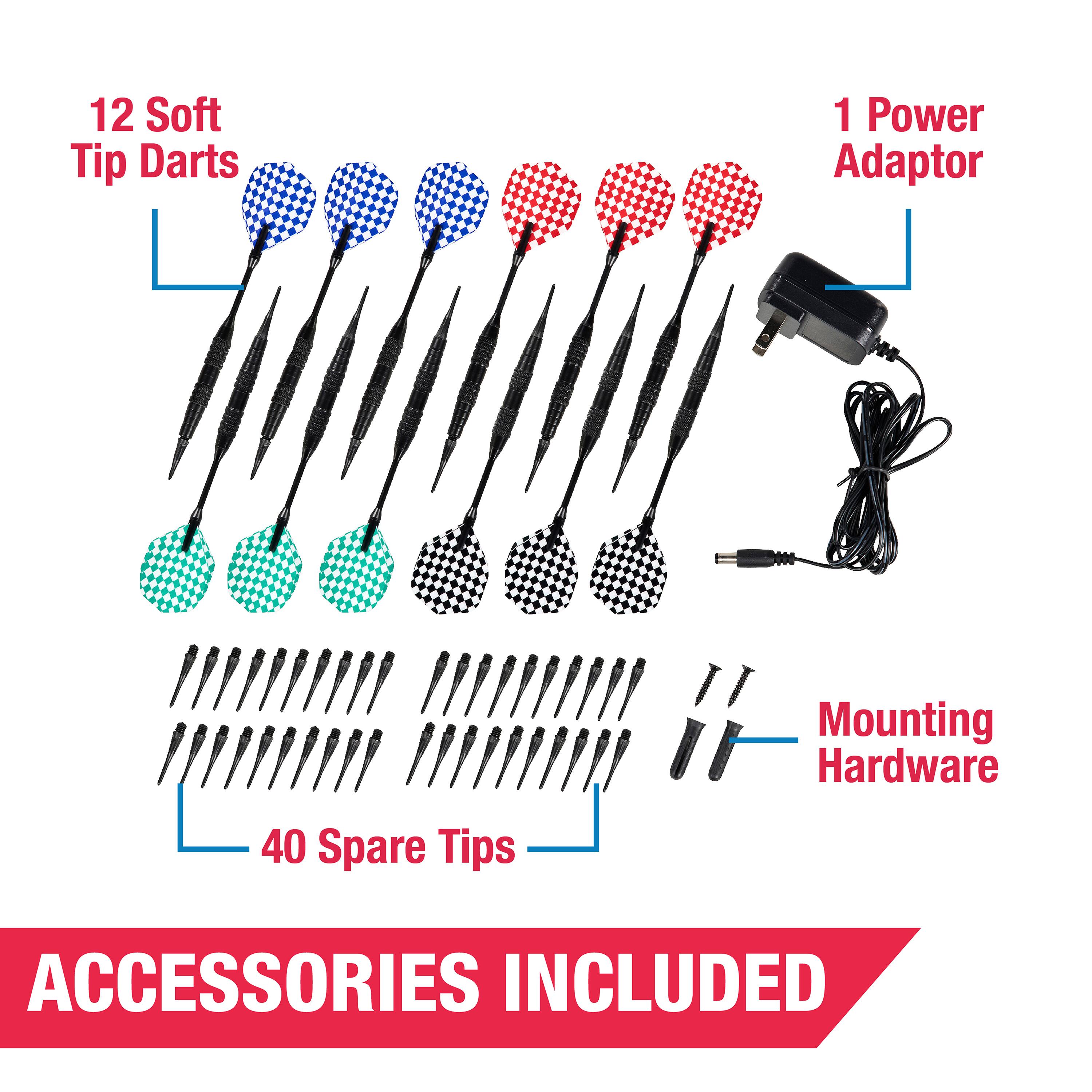 12 Soft Tip Darts 1 Power Adaptor 40 Spare Tips Mounting Hardware Accessories Included