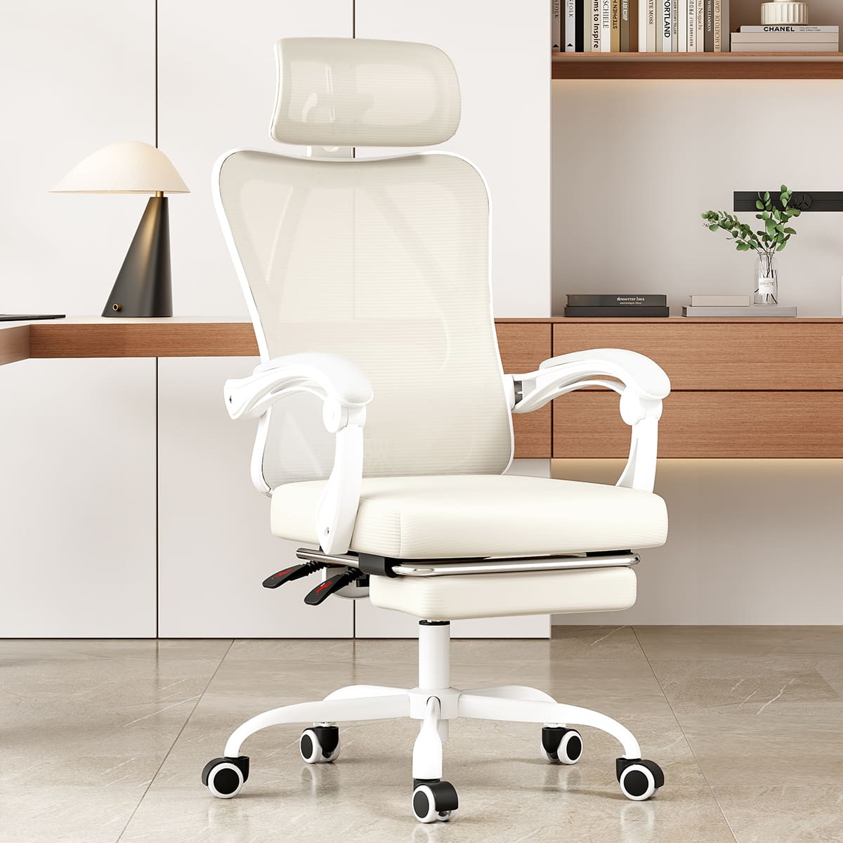 TinyHomie - Beige Ergonomic Office Chair with Footrest Headrest Adjustable Lumbar Support - White