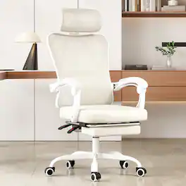 TinyHomie - Beige Ergonomic Office Chair with Footrest Headrest Adjustable Lumbar Support - White