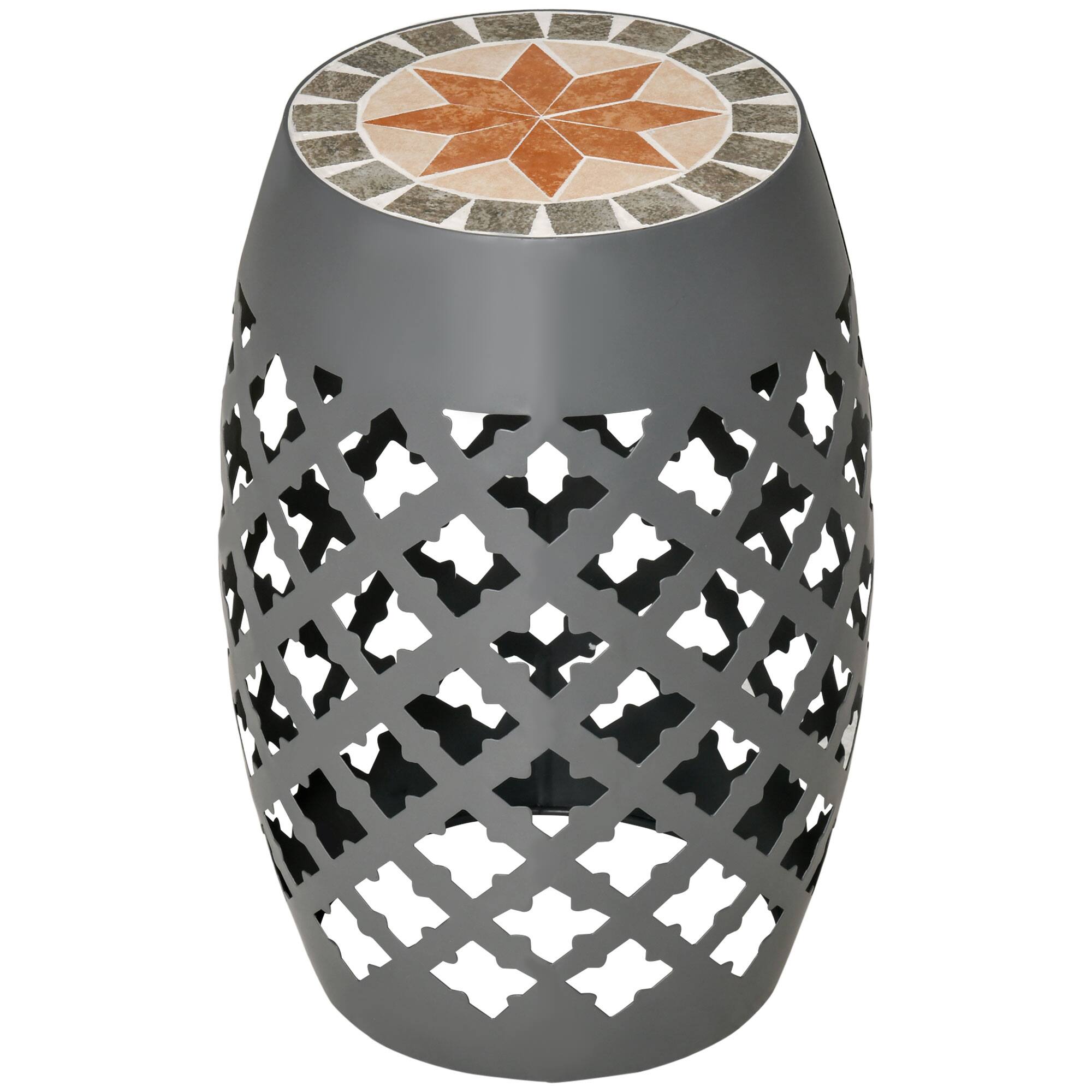 Front. Outsunny - 12" Patio Round Side Table, Outdoor Footstool, Garden Mosaic Accent Side Table, Plant Stand - Grey.