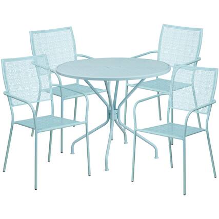 Front. Emma + Oliver - Commercial Grade 35.25" Round Metal Garden Patio Table Set, 4 Square Back Chairs - Sky Blue.