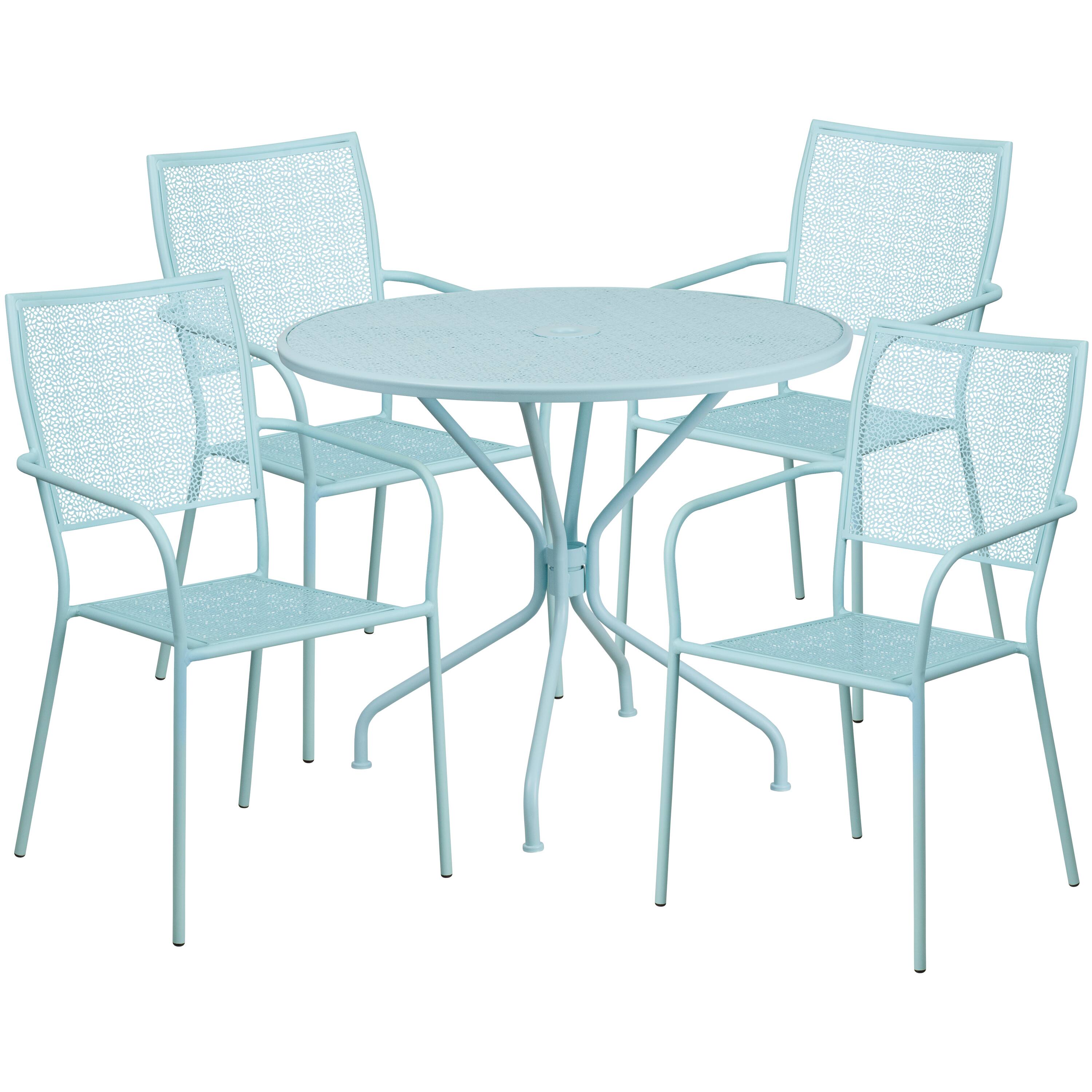 Front. Emma + Oliver - Commercial Grade 35.25" Round Metal Garden Patio Table Set, 4 Square Back Chairs - Sky Blue.